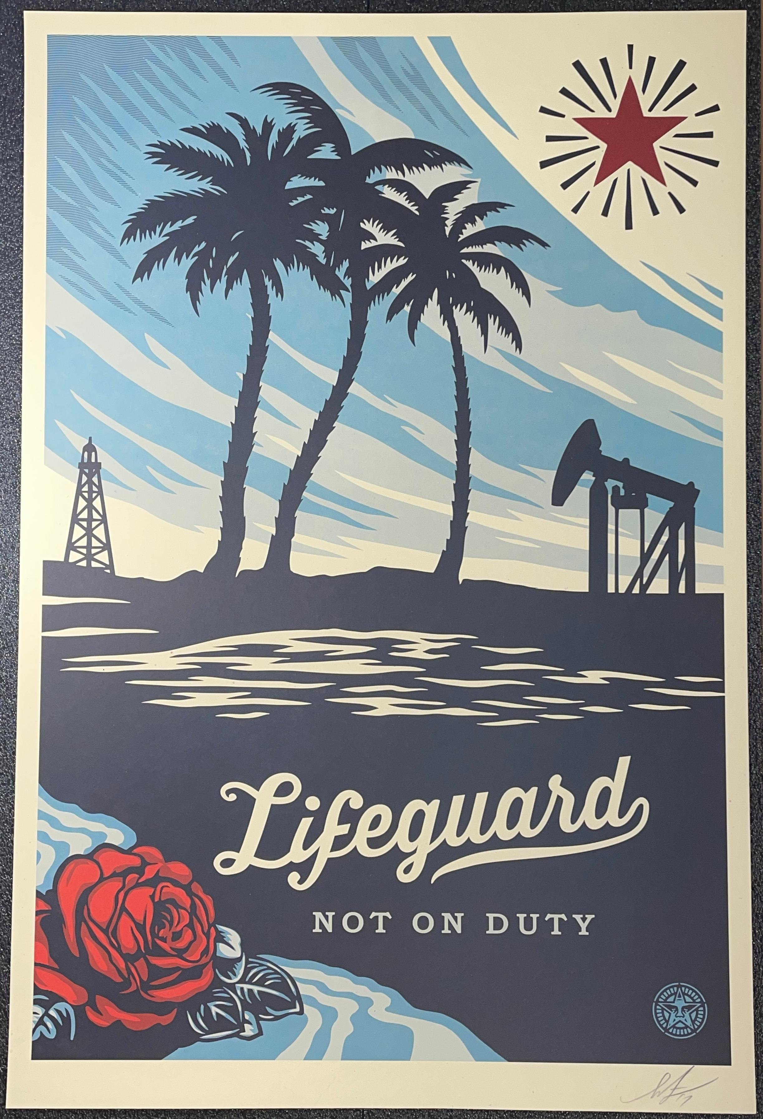 This "Lifeguard Not On Duty" print was inspired by some old photos I saw of oil derricks down on the beach at Playa Del Rey and Long Beach. There are still oil drilling platforms visible from the beach in Santa Barbara. Beyond just the environmental