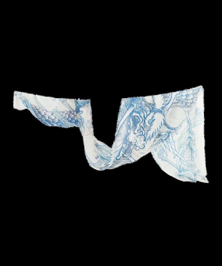 Indigo Blue Dragon in the Clouds Textile Scarf For Sale 1