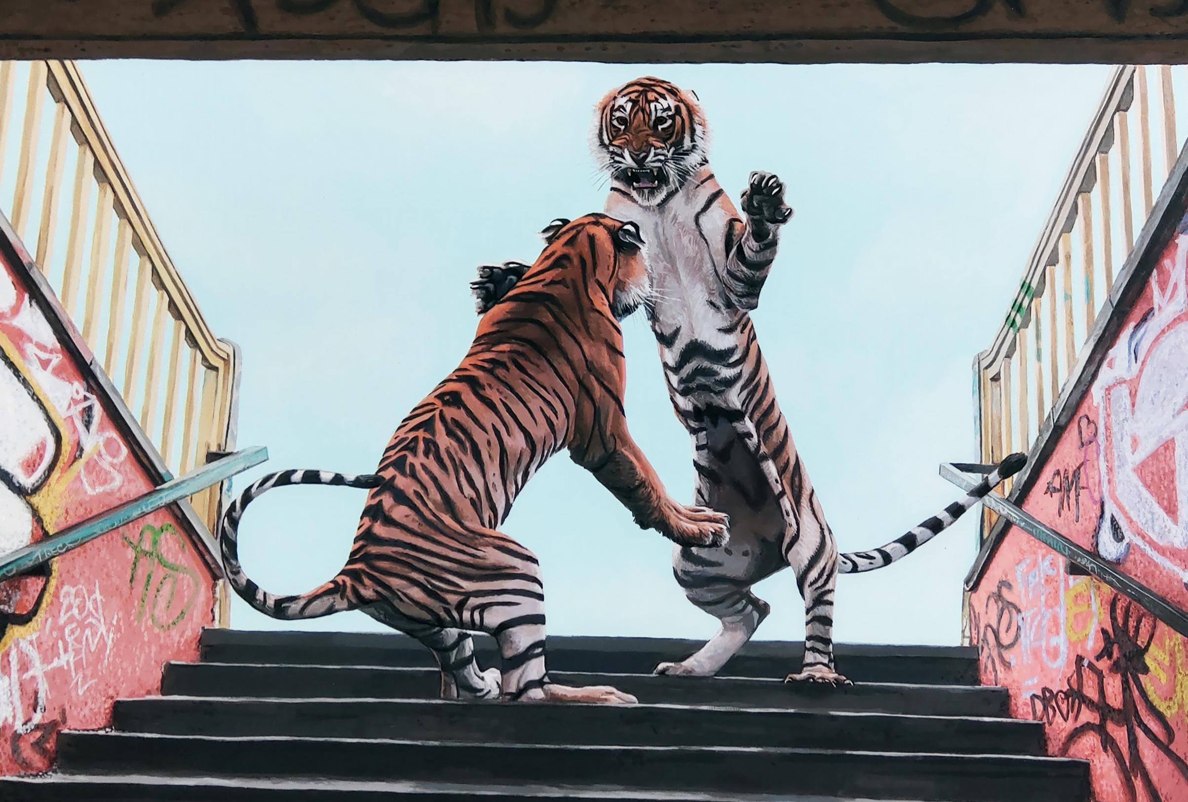 Stairway To Heaven, Josh Keyes Tiger - Impression d'art urbain contemporain tigre en vente 2