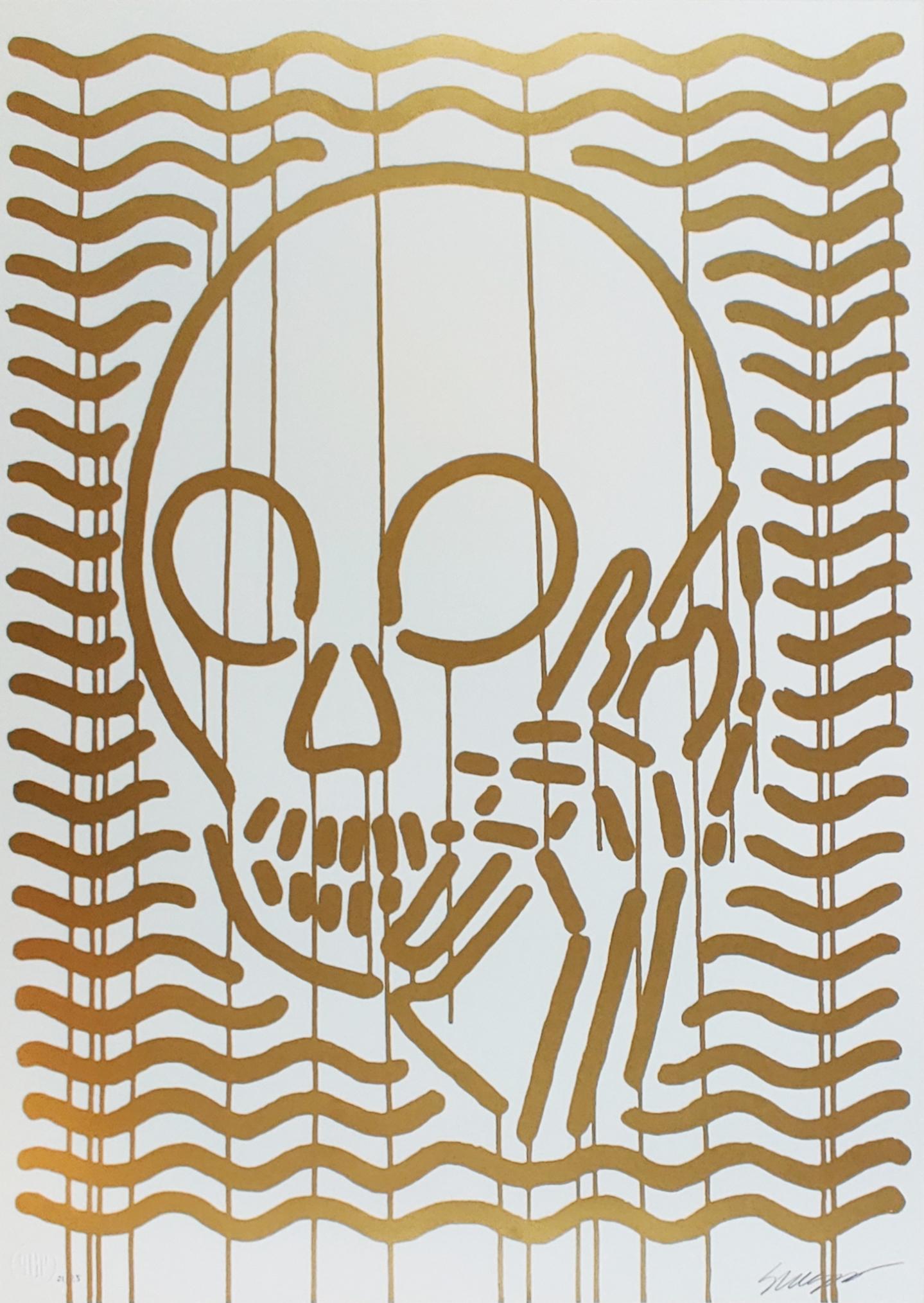 Skullphone MOP Gold, Contemporary Street Art Print. Dimensions de 28 pouces x 20 pouces. Edition de 3 et signée par l'artiste. 

Skullphone est un artiste américain qui vit et travaille à Los Angeles. Il a acquis sa première notoriété en tant