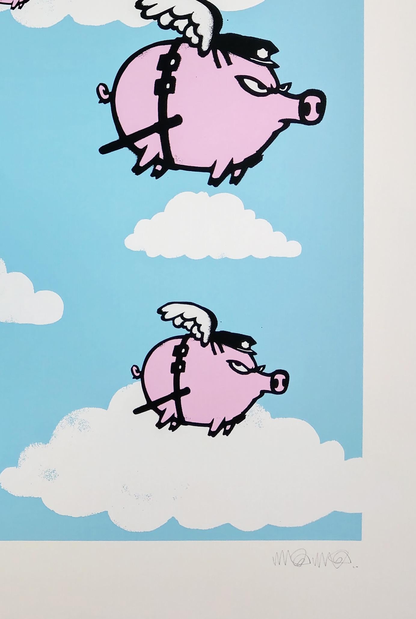 Pigs Might Fly, 2016 sérigraphie avec une dimension de 31 1/2 × 31 1/2 in et 80 × 80 cm. 
Edition de 45 exemplaires signés et numérotés par Mau Mau. 

Mau Mau est connu pour ses impressions d'art graffiti politique. Mau Mau a créé des œuvres pour
