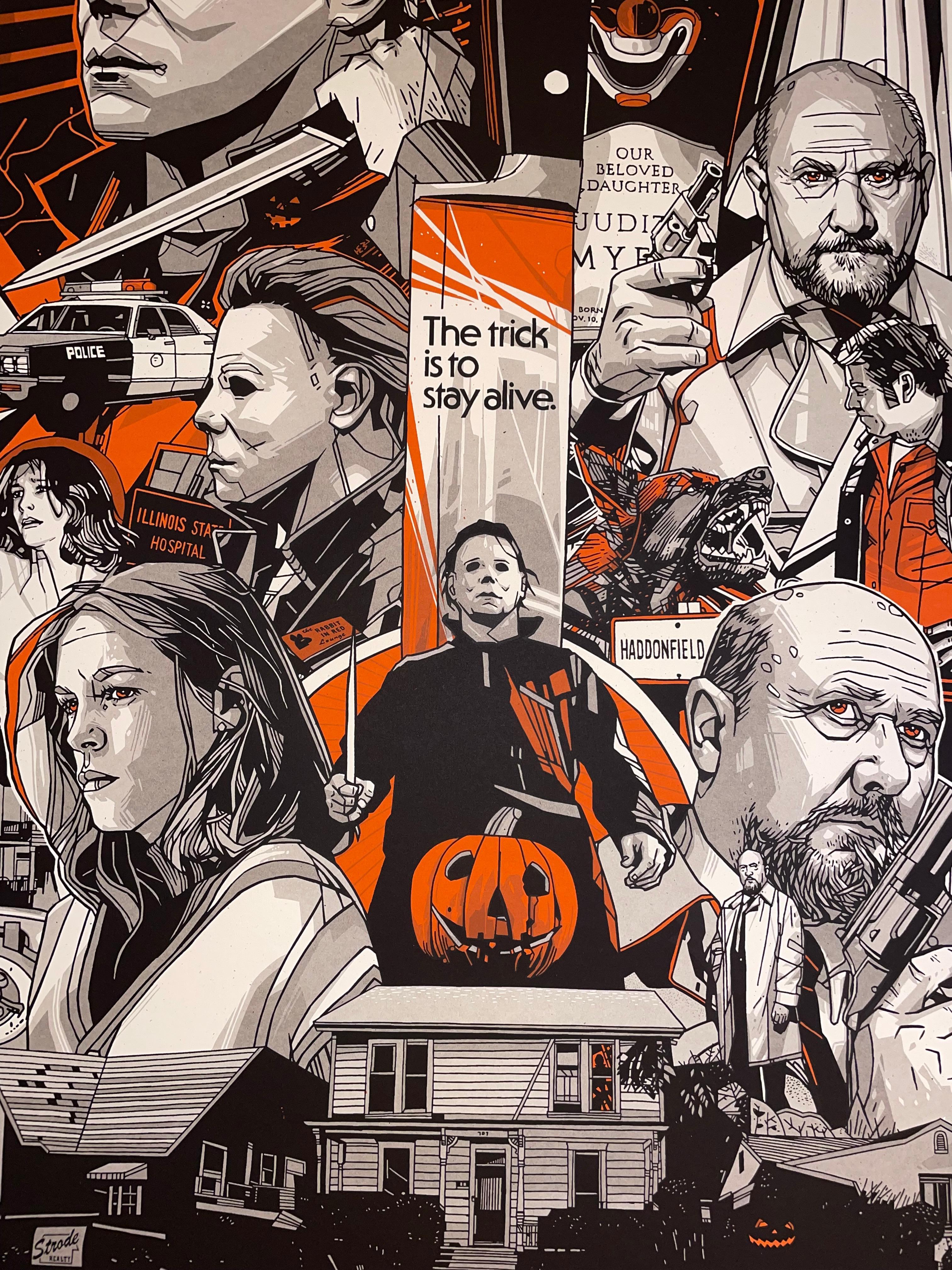 Published by Grey Matter Art

Halloween Regular Edition by Tyler Stout
24” x 36” Screen Print - (4/Color on French Speckletone Madero Beach)
Hand-Numbered Timed Edition
Printed by Broken Press