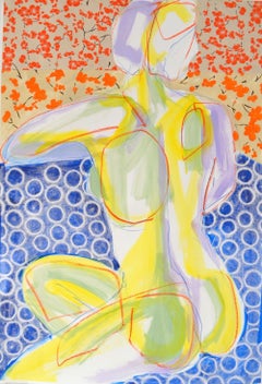 Nude with Wallpaper, Abstract Figurative Painting, Acrylic on Paper, Signed 