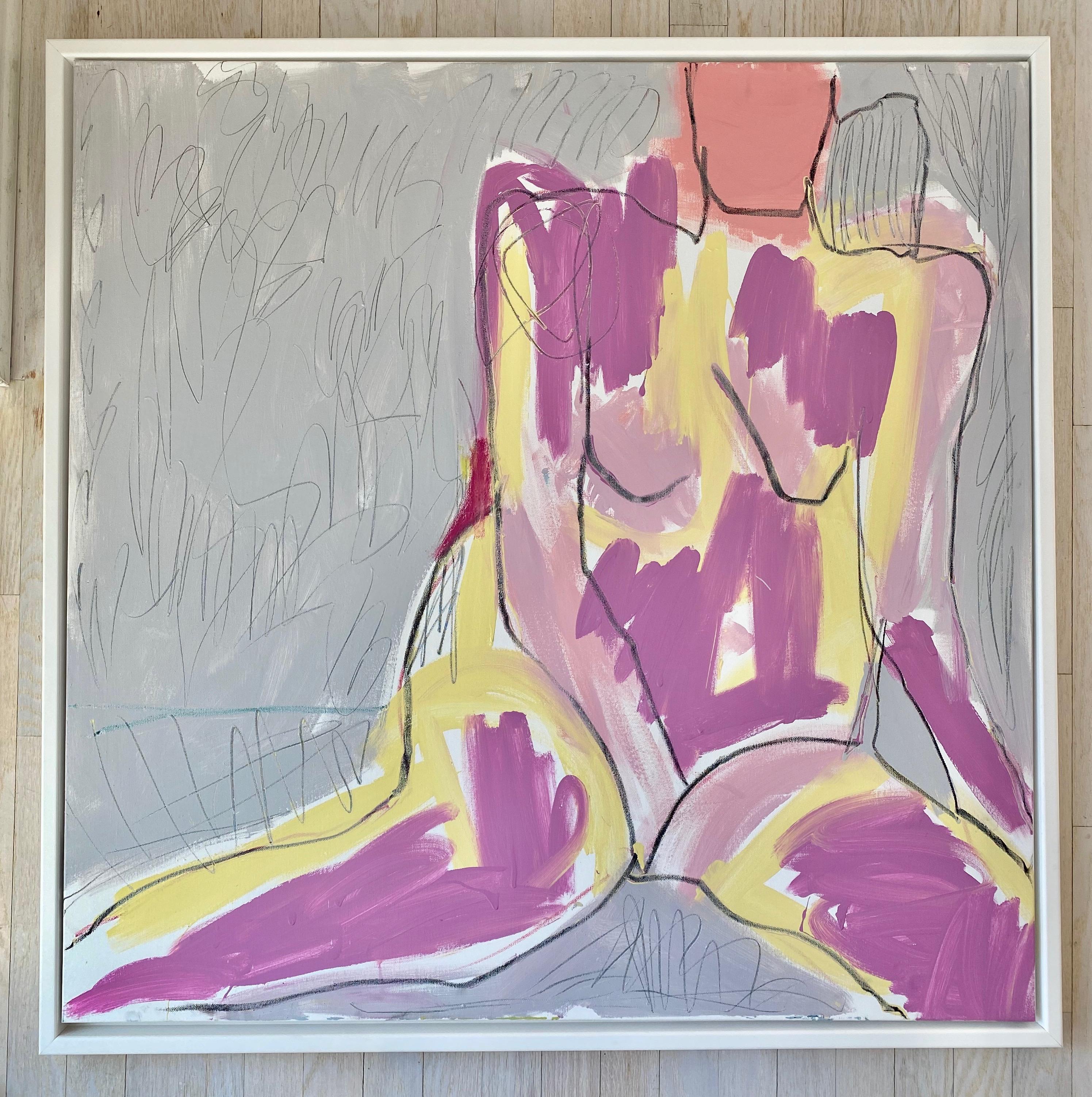 Nude Painting Allison Meyler - Lean In, peinture figurative abstraite, acrylique sur toile, encadrée, signée 