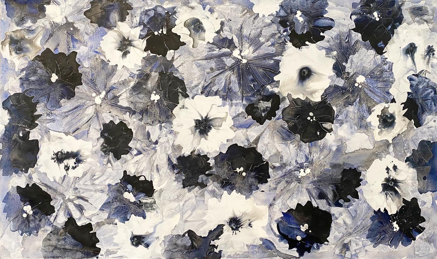 Blue Jean Bloom, 2020, Floral Abstract Painting, Mixed Media on Canvas, Signed  - Mixed Media Art by Annie Mandelkern