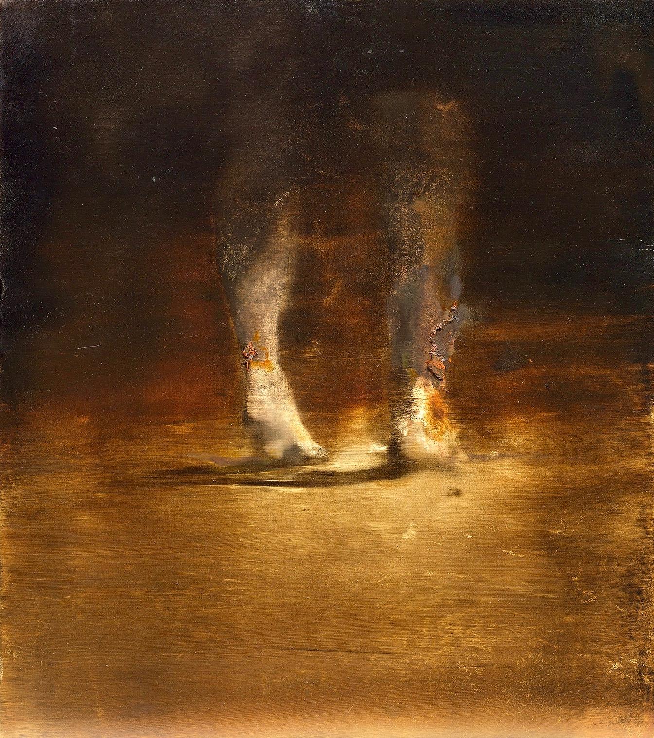 Stands, 2015, oil on wood, figure, painting, light, Scandinavian art - Painting by Magnus Thorén