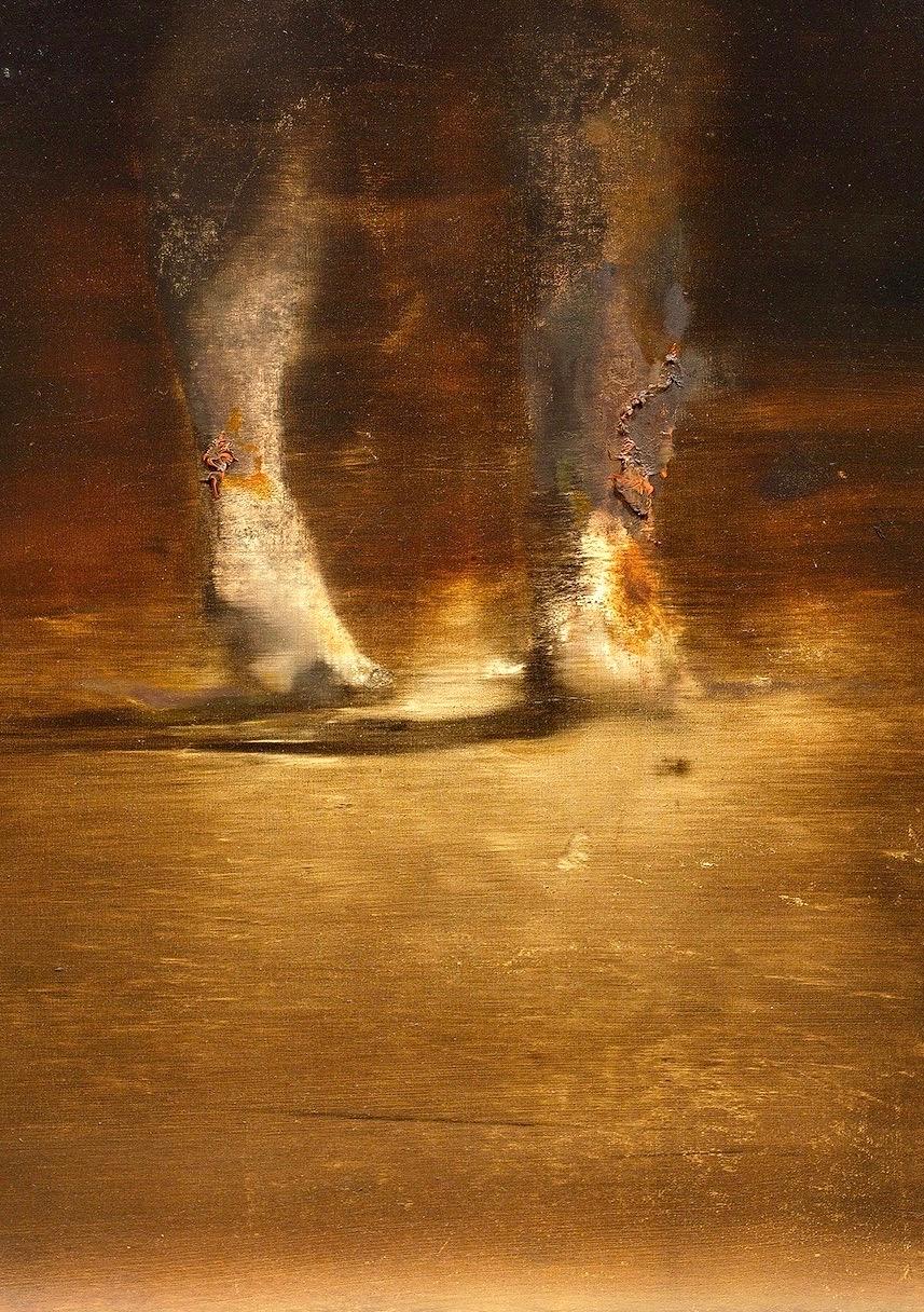 Stands, 2015, oil on wood, figure, painting, light, Scandinavian art - Brown Figurative Painting by Magnus Thorén