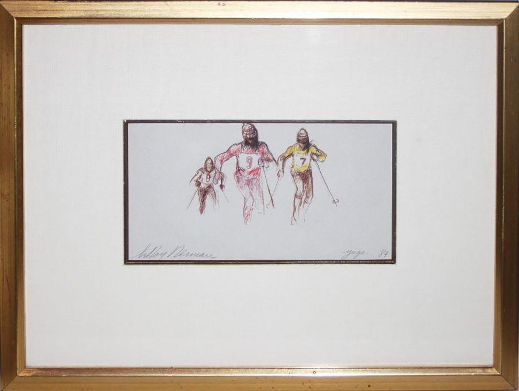 Here's your chance to own this original one of a kind Hand Signed Ink / Mixed Media by LeRoy Neiman, beautifully custom framed 

Artist:       Leroy Neiman

Title:        Cross Country Skiers '84 Yugoslavia Olympics

Unframed Dimensions:   6.5" x