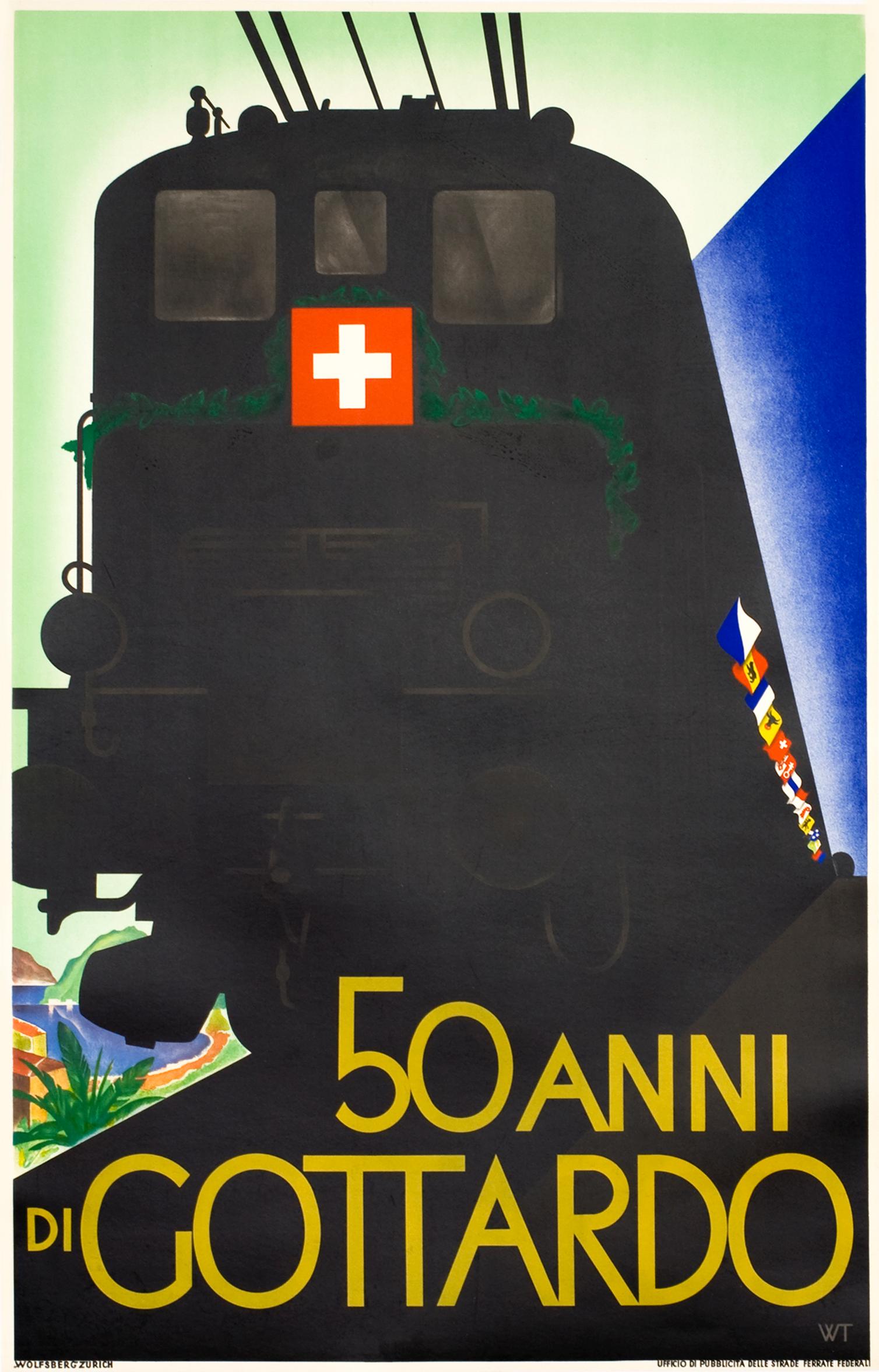 "50 Anni di Gottardo" Original Vintage Train Poster - Print by Willi Trapp