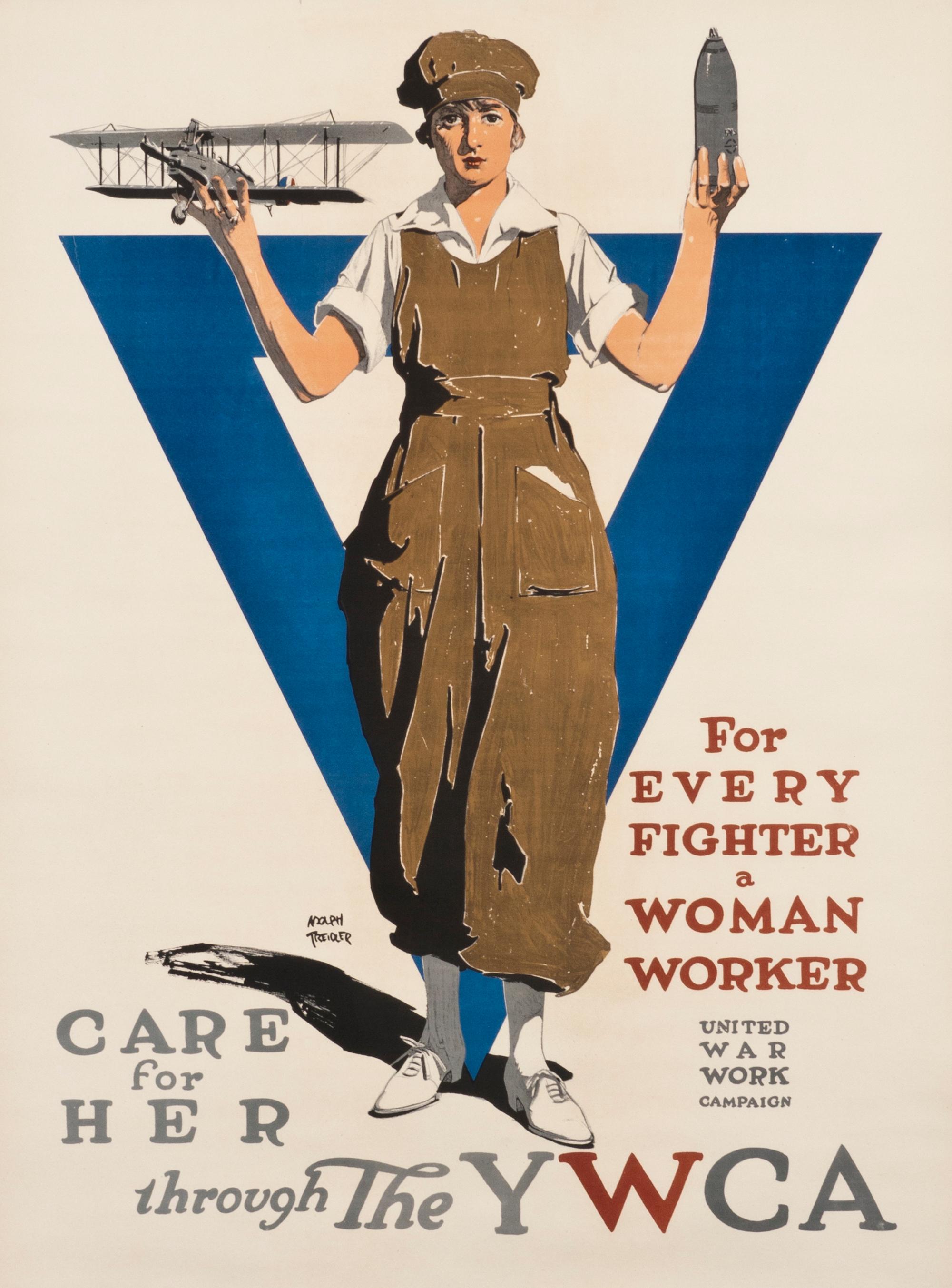 "Care for her through the YWCA" Original Antique WW1 Poster - Print by Adolf Treidler