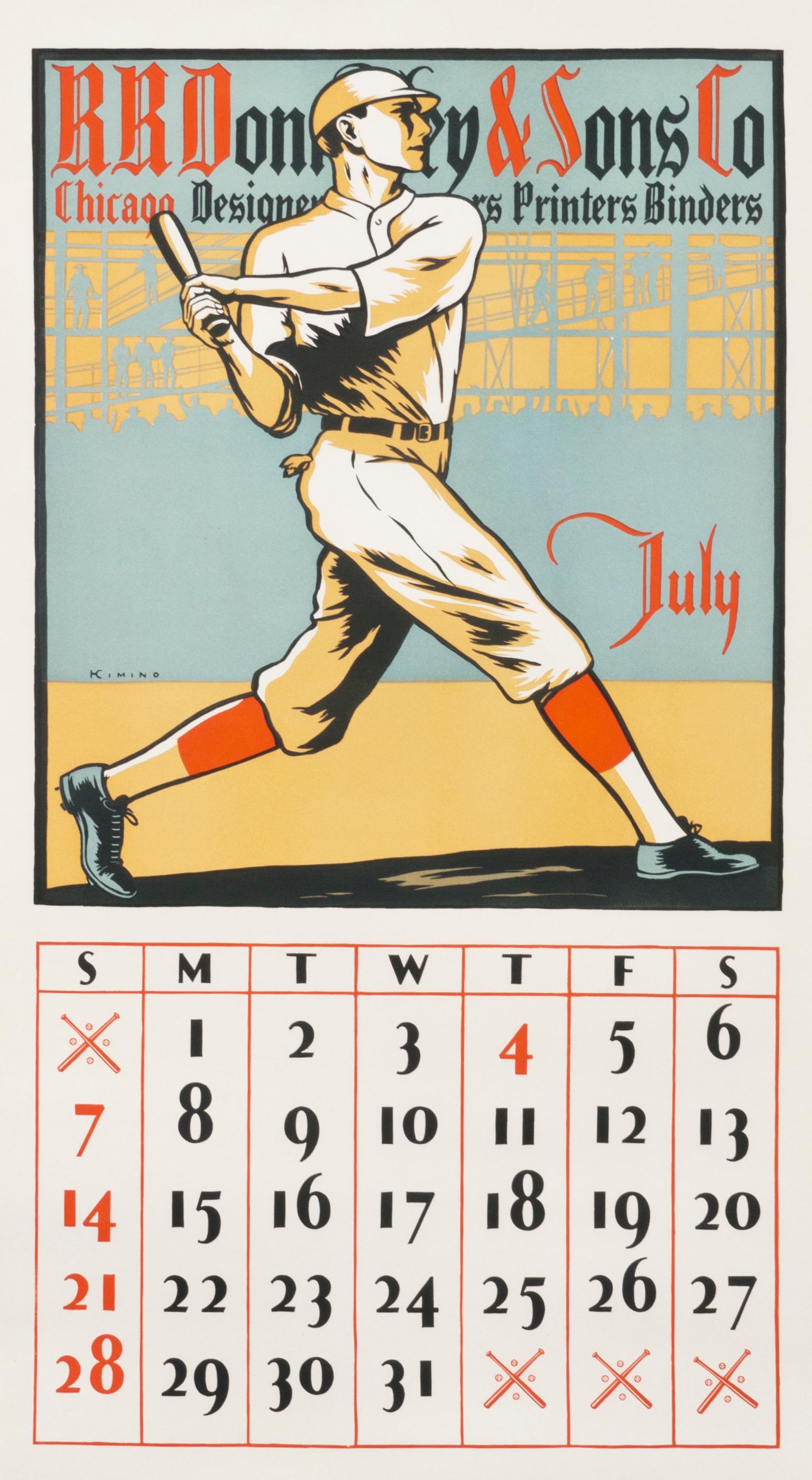 "RR Donnelley & Sons Co - July" Original Vintage Calendar Poster - Baseball 1920 - Print by Harry Cimino