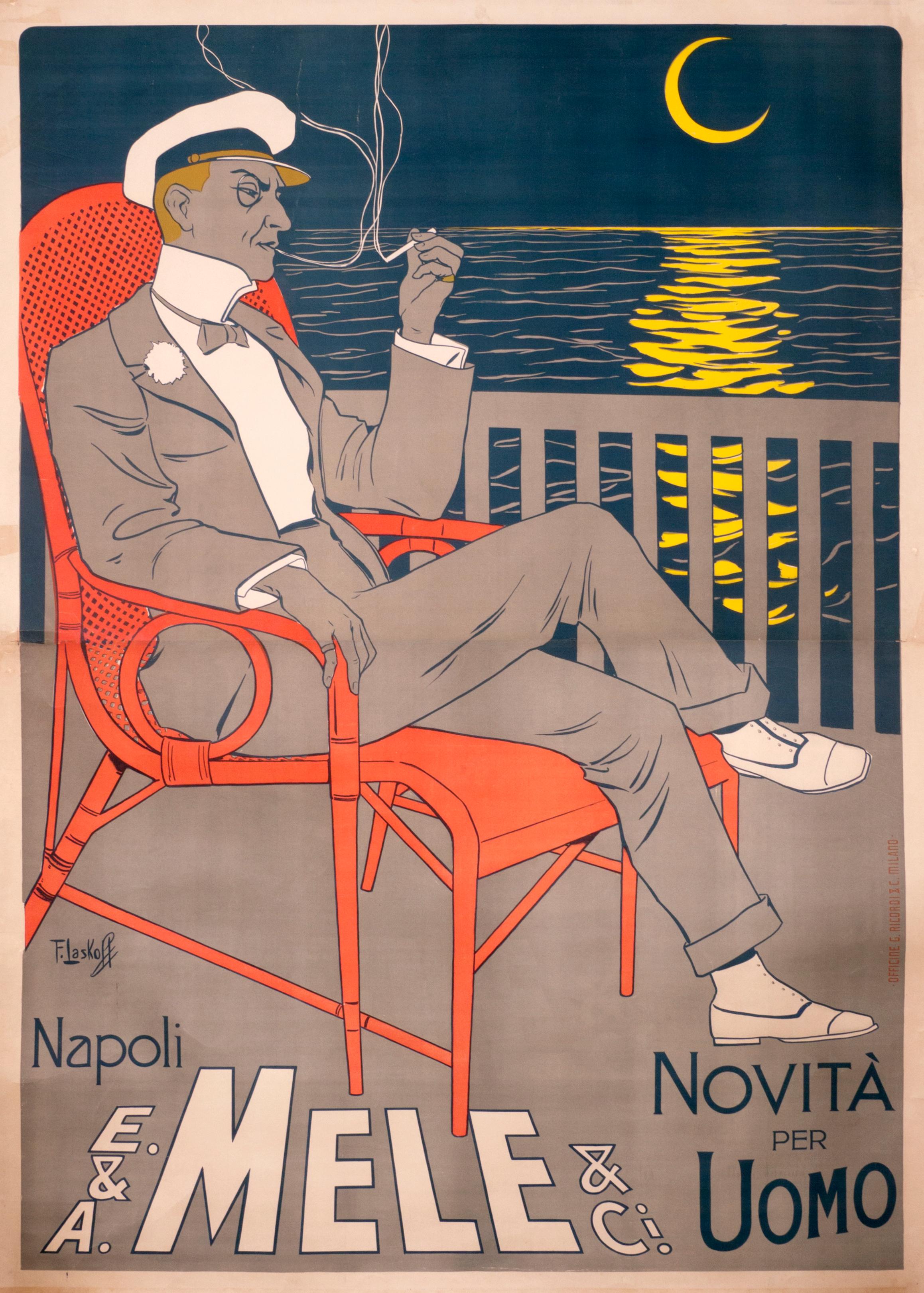 "Mele Department Store (seated man)" Original Antique Men's Fashion Poster - Print by Franz Laskoff 