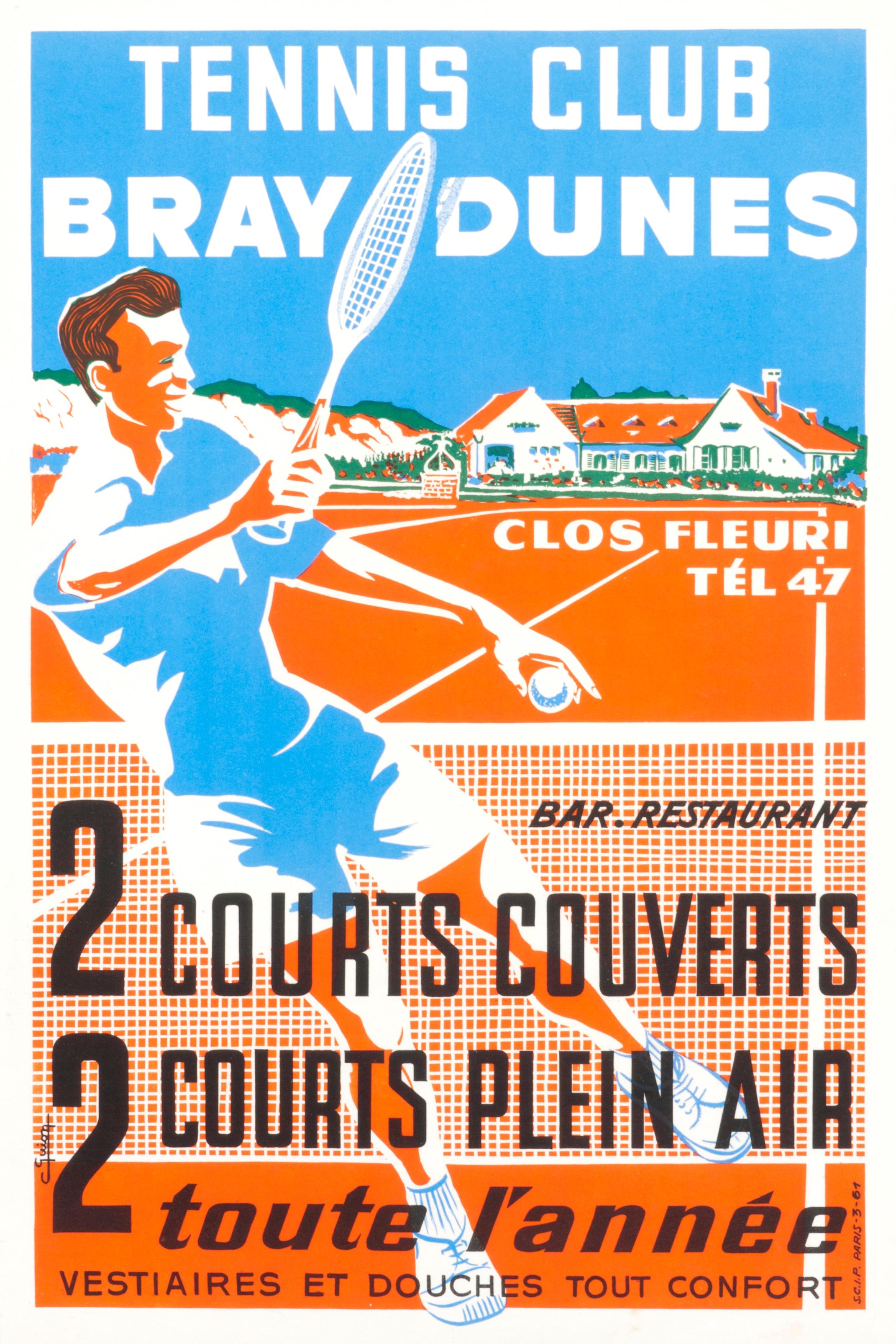 "Tennis Club Bray Dunes" Original Vintage Summer Sports Poster - Print by C. Guion