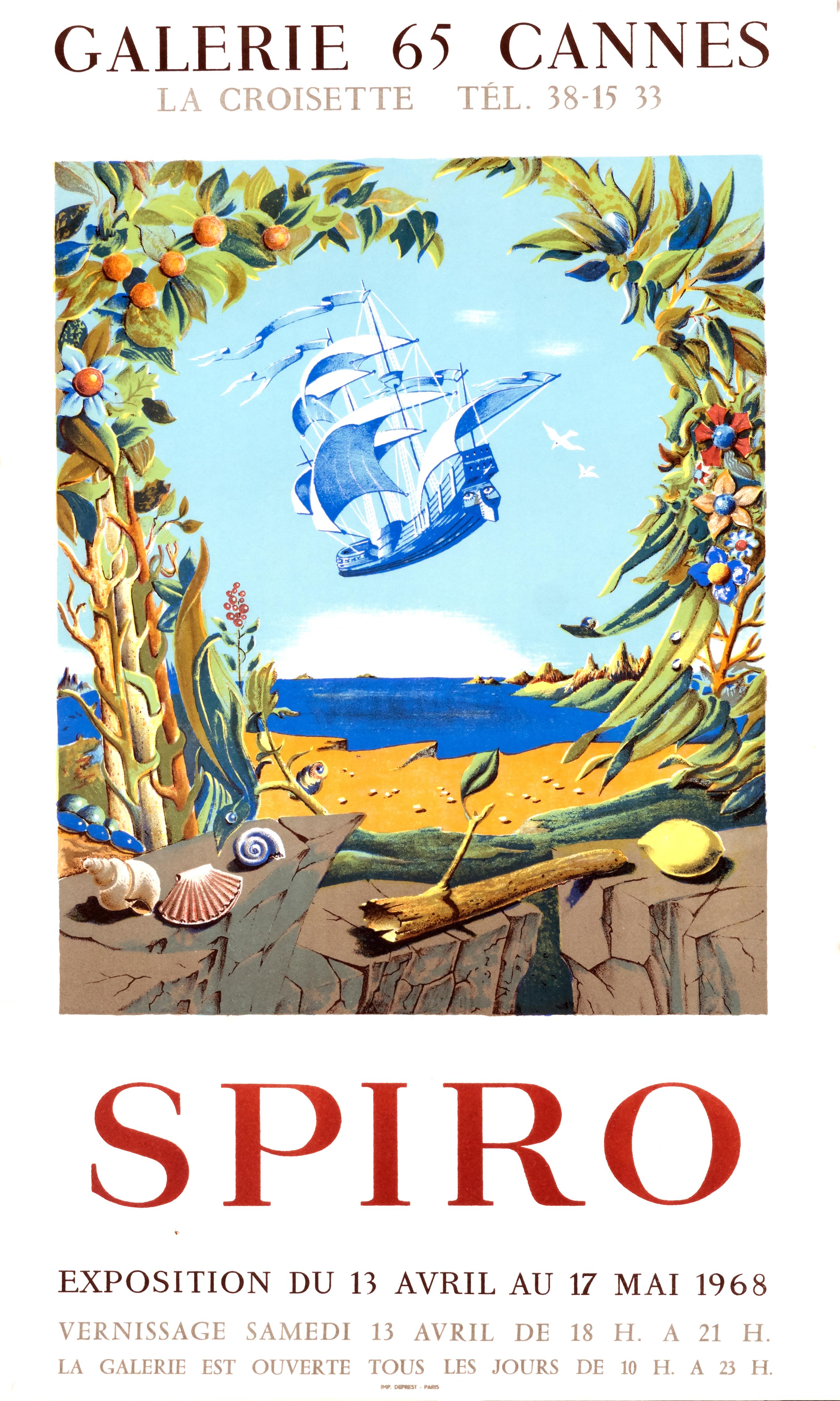 Georges Spiro Landscape Print - "Spiro - Galerie 65 Cannes" Original Vintage Surrealist Exhibition Poster