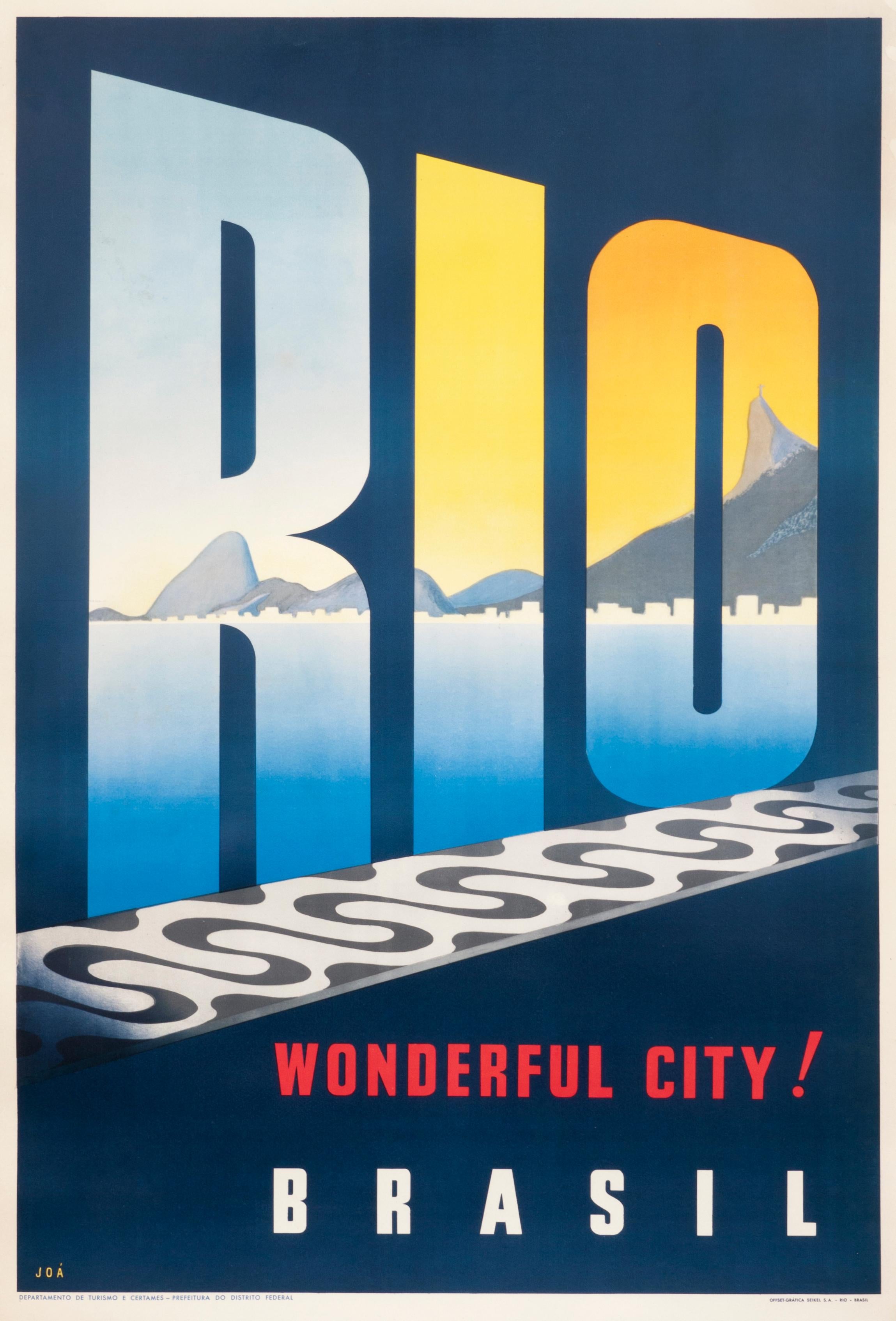 Jao Print - "Rio Brazil - Wonderful City!" 1950s Mid-Century Original Vintage Travel Poster