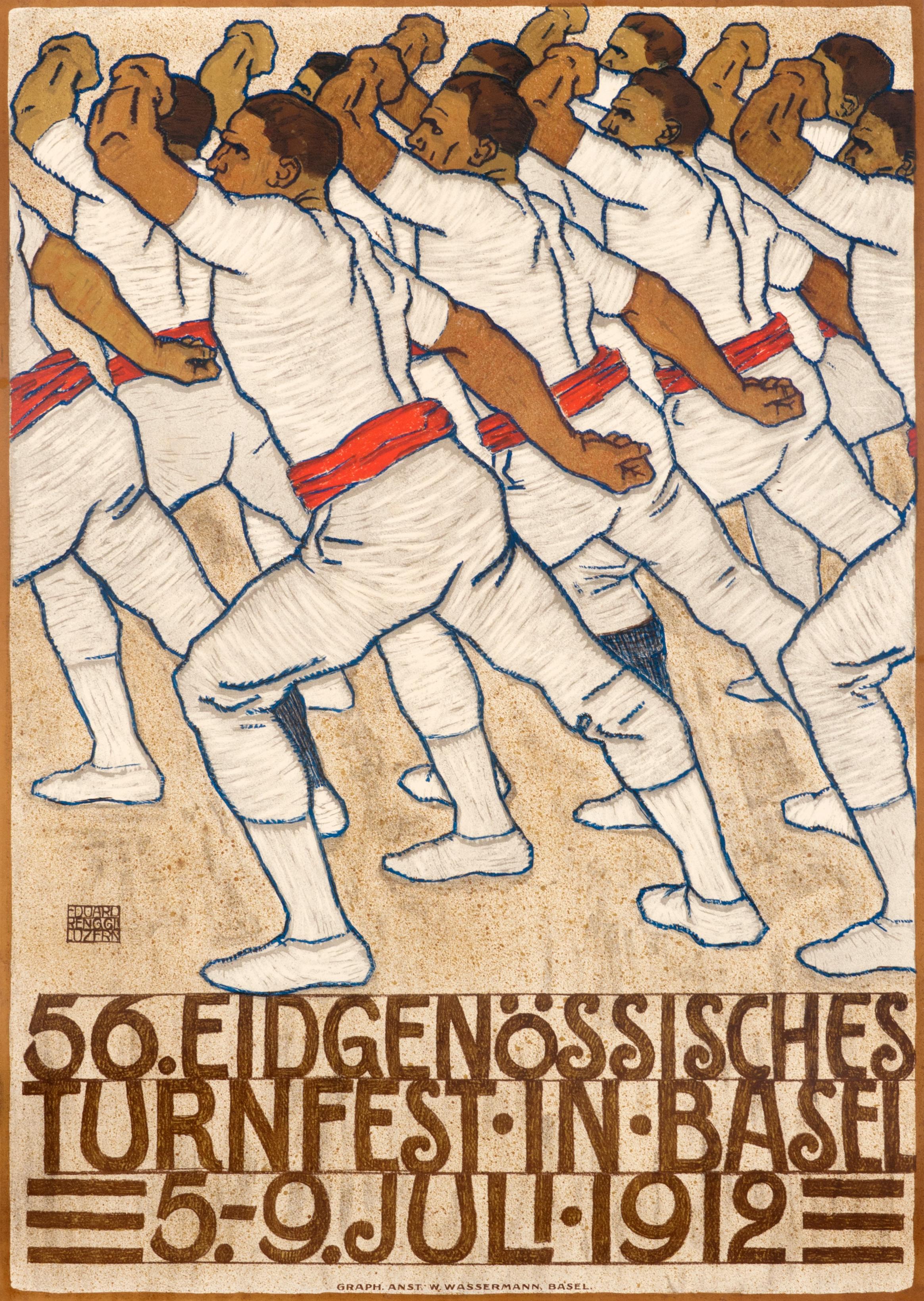 "56. Eidgenossisches Turnfest in Basel" Original Antique Swiss Gymnastics Poster - Print by Eduard Renggli