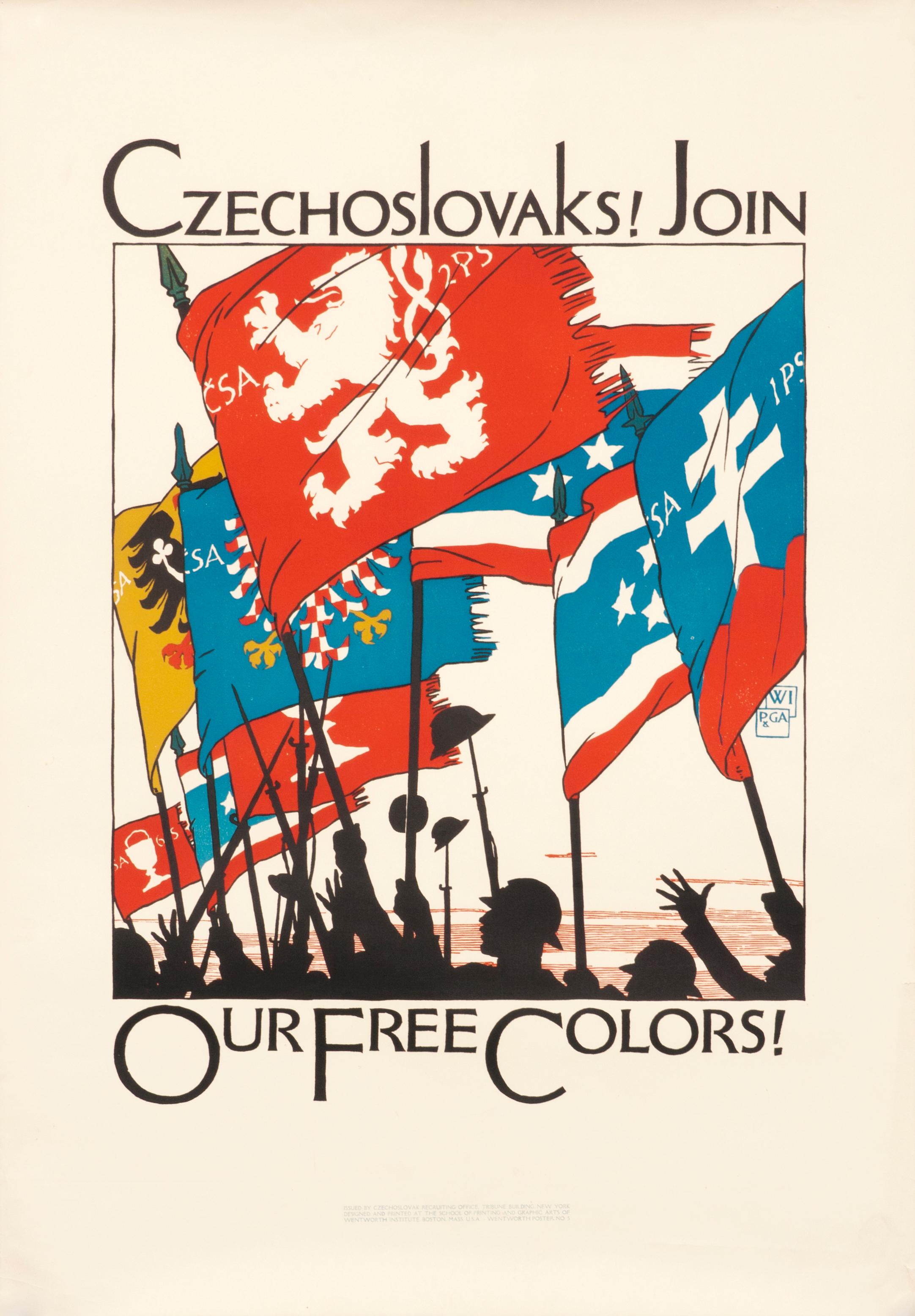 "Czechoslovaks! Join our free colors!" Original Vintage Recruiting Poster - Print by Voljtech Pressig