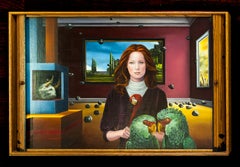 The woman with red hair and two parrots, Margarida Kendall, Oil on canvas, Red