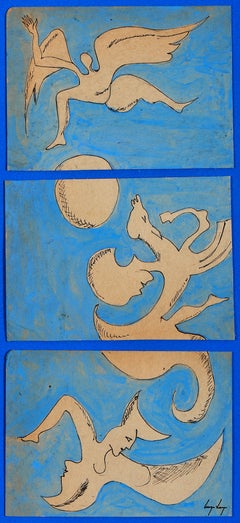 Untitled, Cruzeiro Seixas, Surrealist, Mixed Media on paper, Triptych, Blue