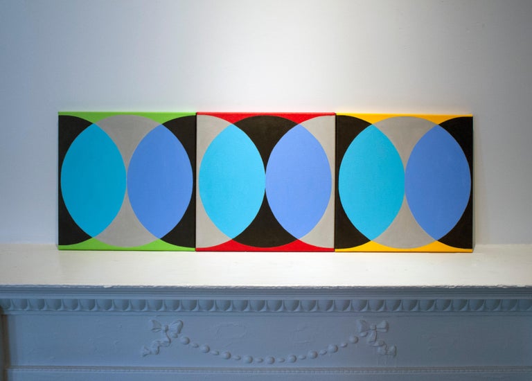 Original geometrical circle painting by Brazilian-born artist Elizabeth Freire. Work is comprised of three separate canvases. Signed on reverse and titled 
