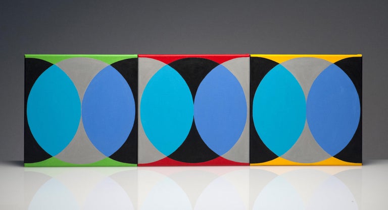 Geometric Triptych Circle Abstract Modern Painting - Blue Abstract Painting by Elizabeth Freire