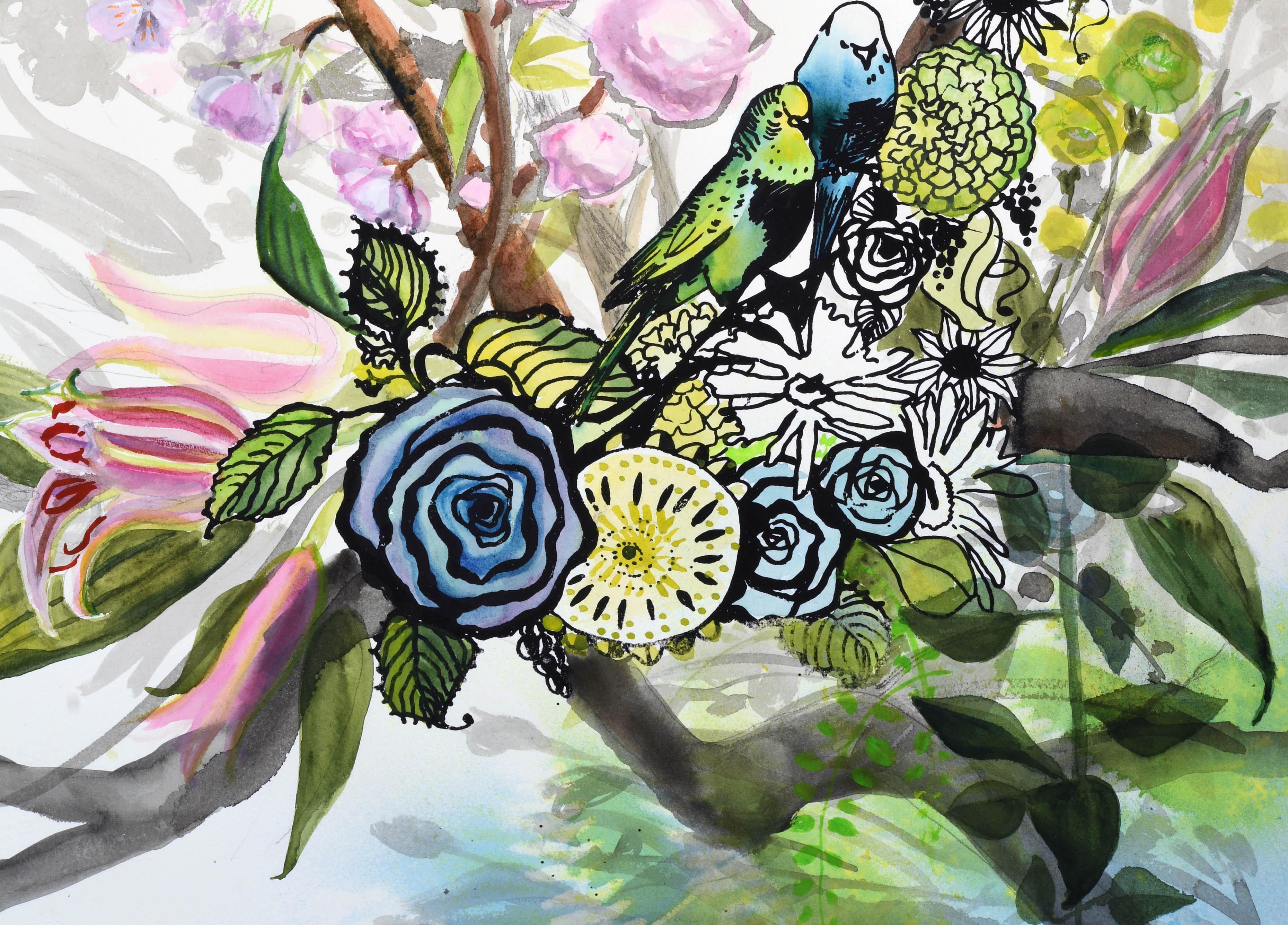 „Ode an Angelo mit Kirschblüten“ (Grau), Landscape Painting, von Maryanne Pollock