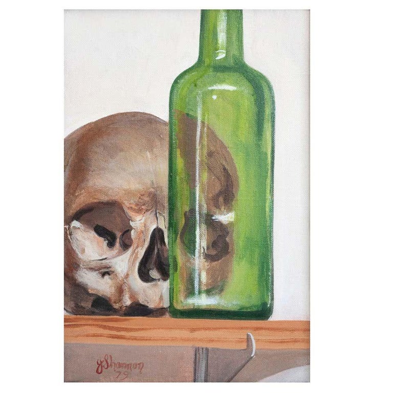 Joe Shannon "Skull with Green Bottle" - Painting by Joe Shannon