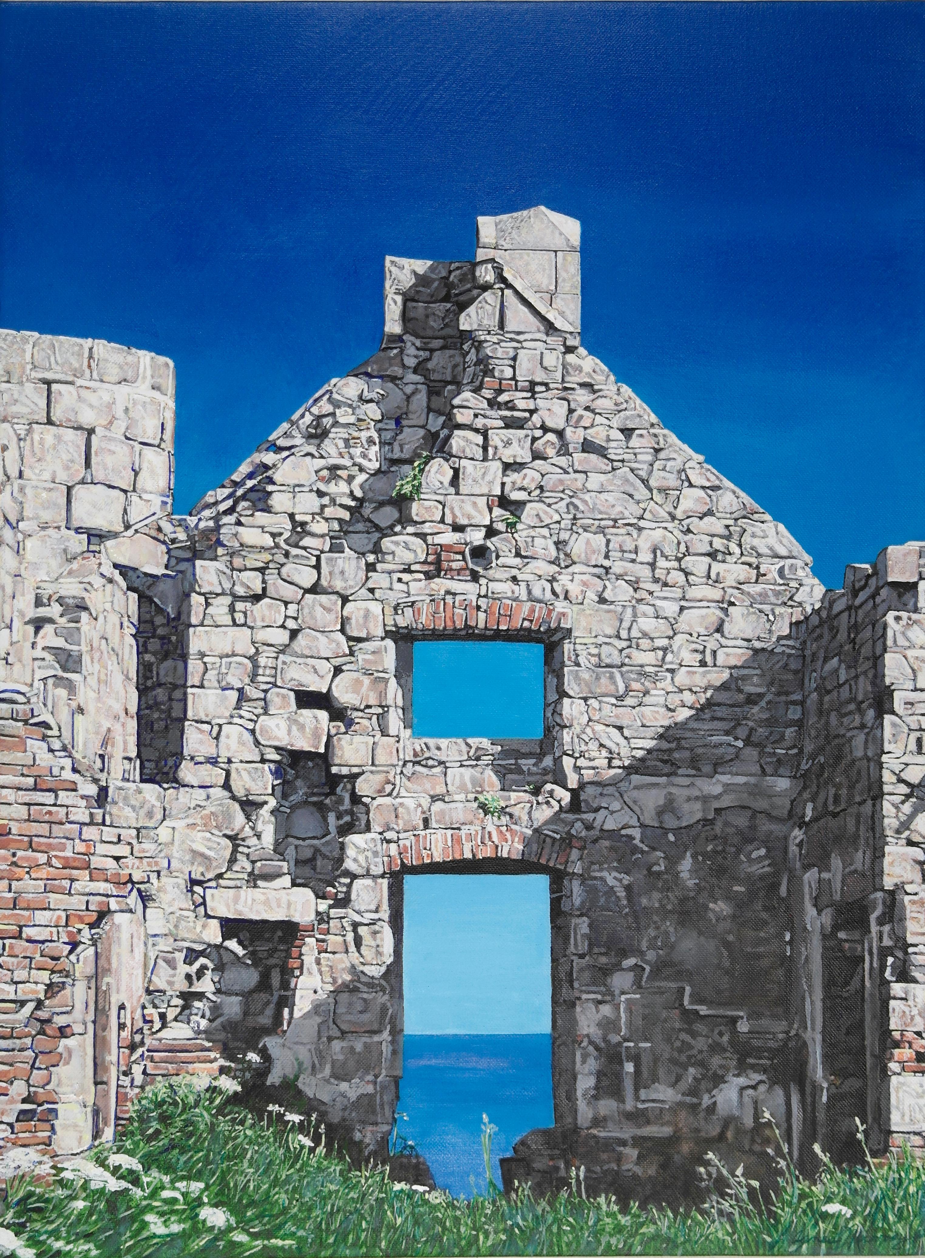 Agnes Murray Landscape Painting - Slains Castle with North Sea, stone castle, seascape, Scotland