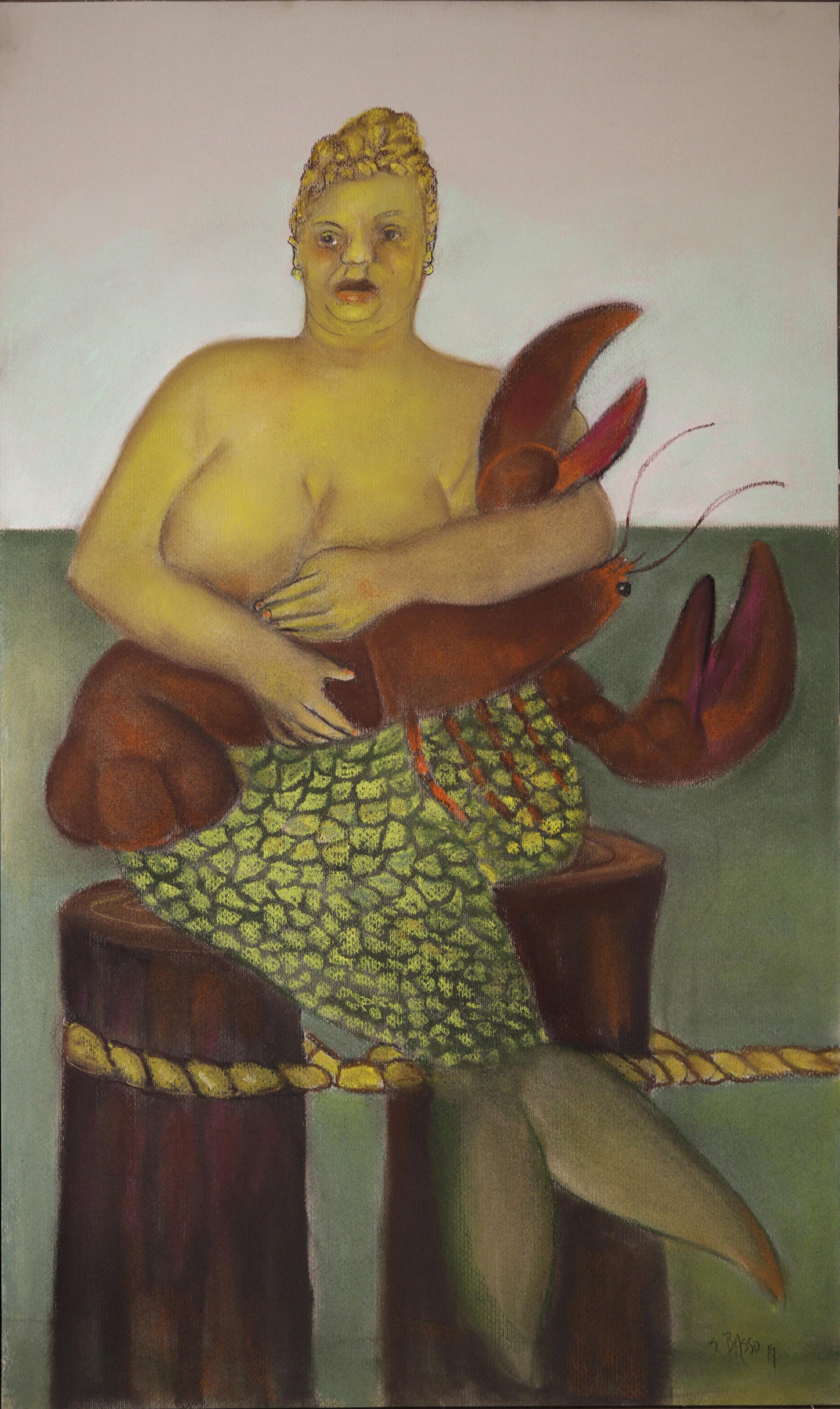 Stephen Basso Animal Art - Red Hook Mermaid, colorful pastel on toned archival paper, mythology w/ lobster