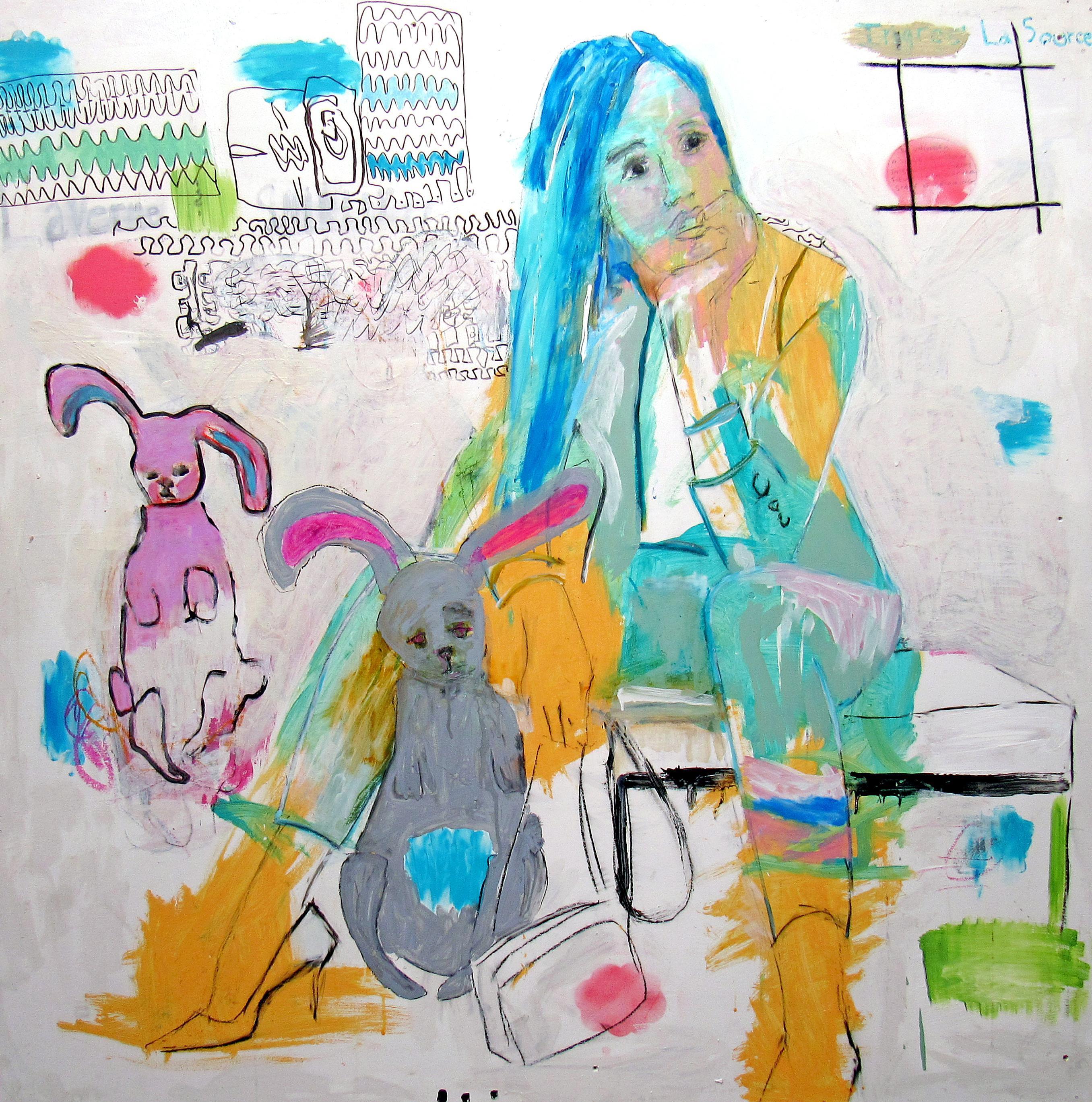 The Source, colorful, figurative woman and bunny forms blue on neutral ground