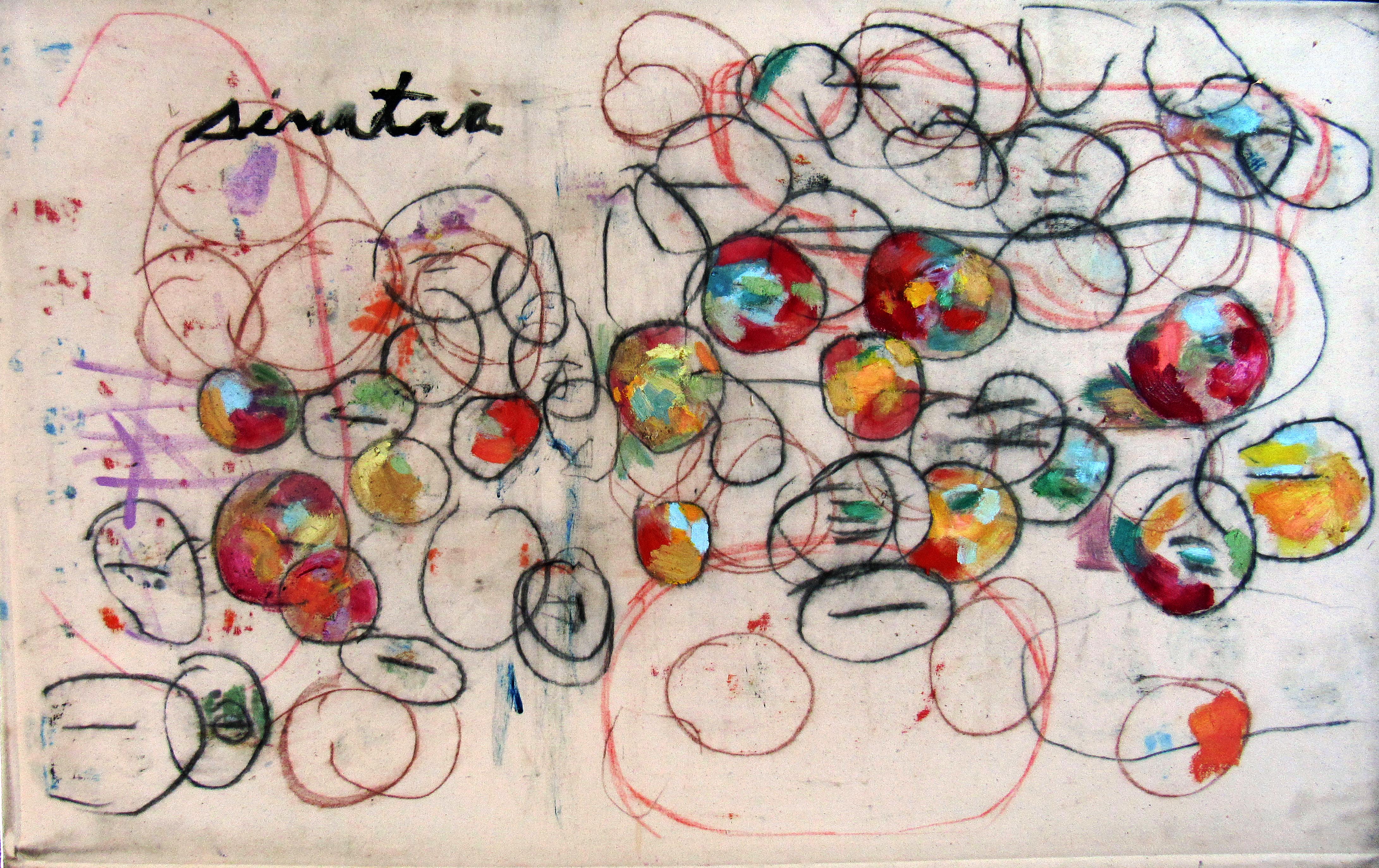 C. Dimitri Still-Life Painting - Sinatra & Ava Gardner, colorful circular patterns on neutral ground