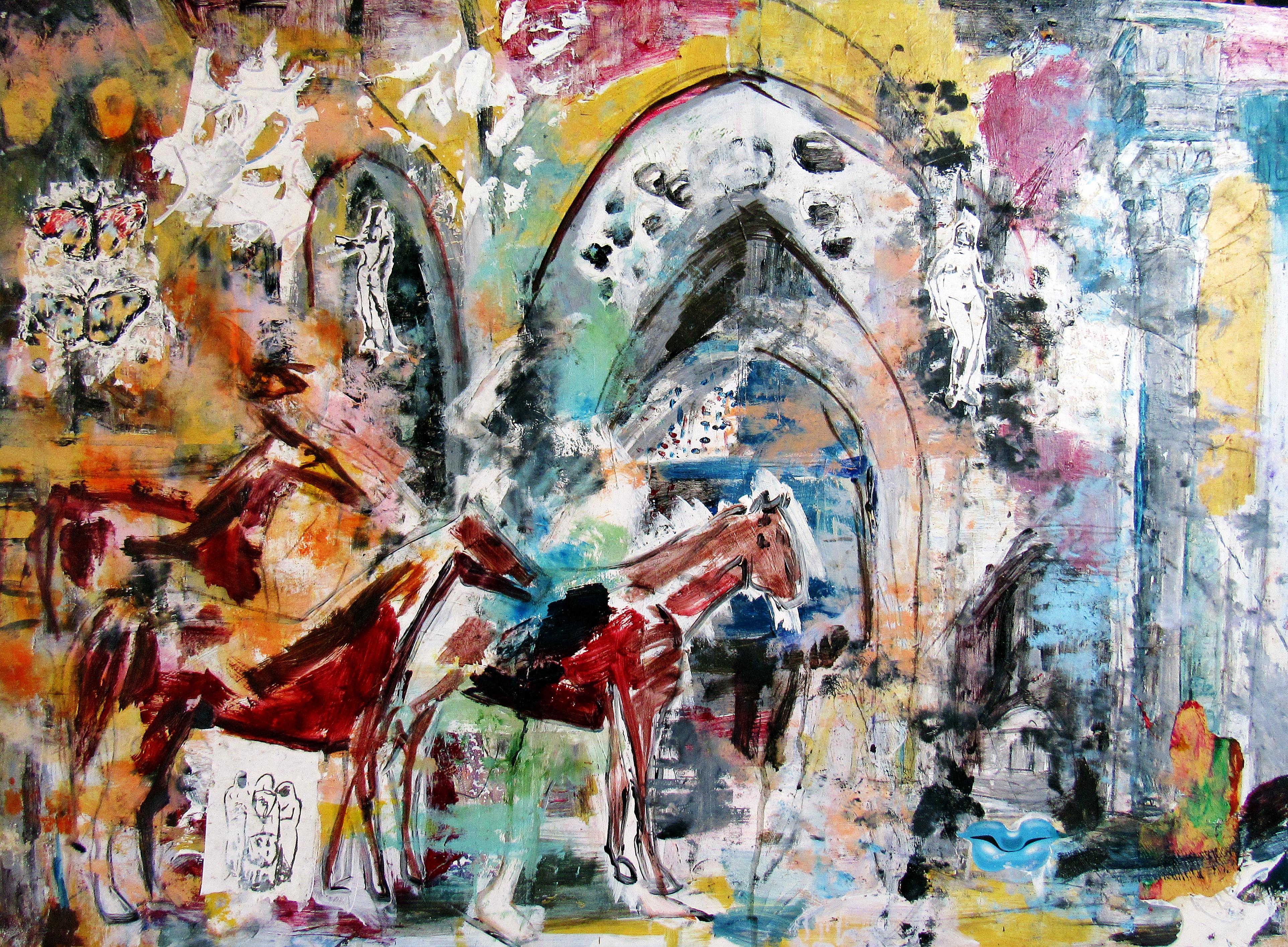 The Day the Horses Reclaimed the Temple, colorful abstract, interior, animals