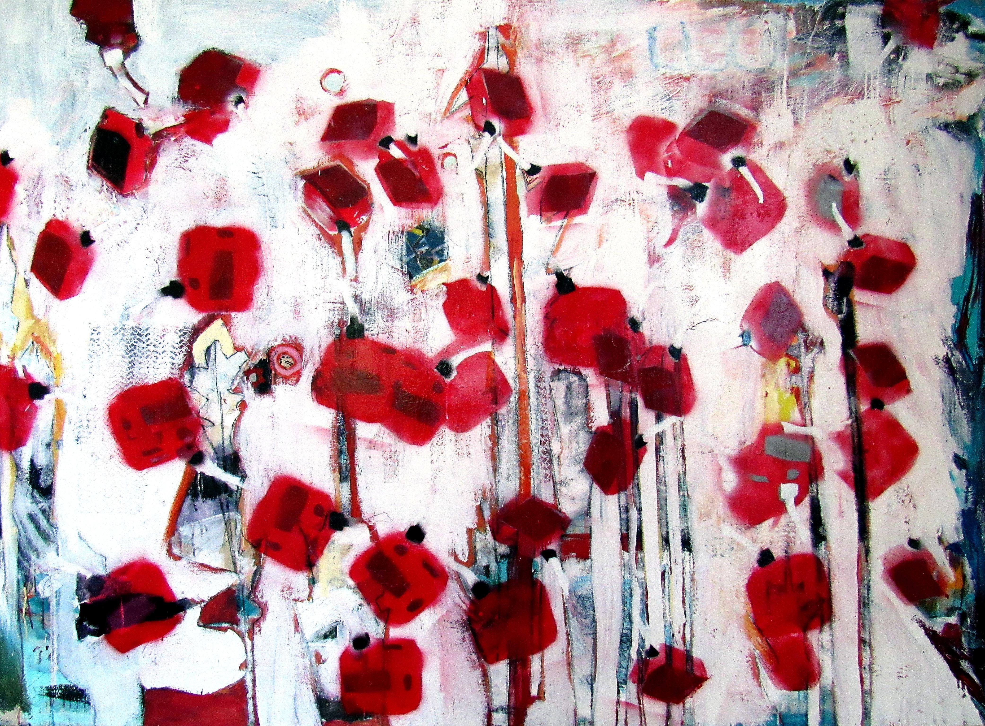 Bosque, pintura abstracta caprichosa en rojo y blanco