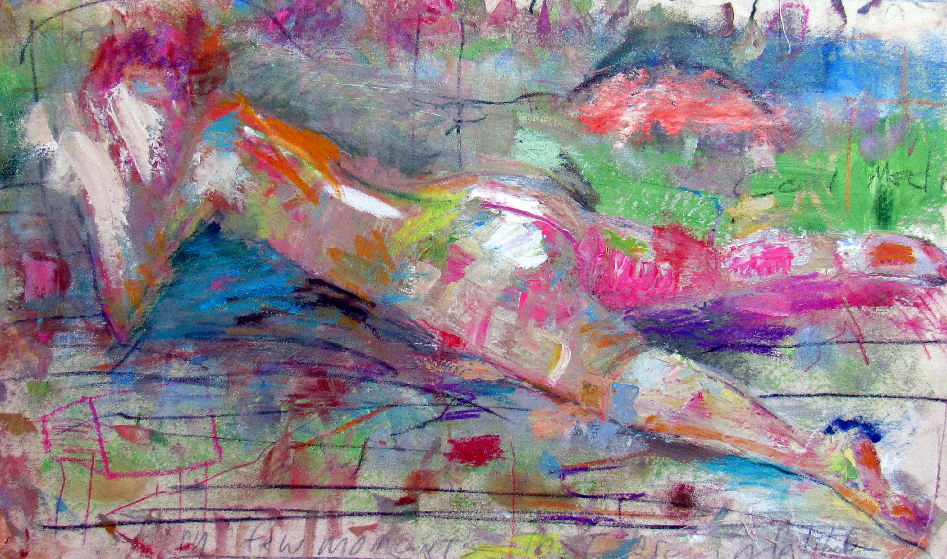 Odalisque, colorful gestural abstract, nude, figure, landscape