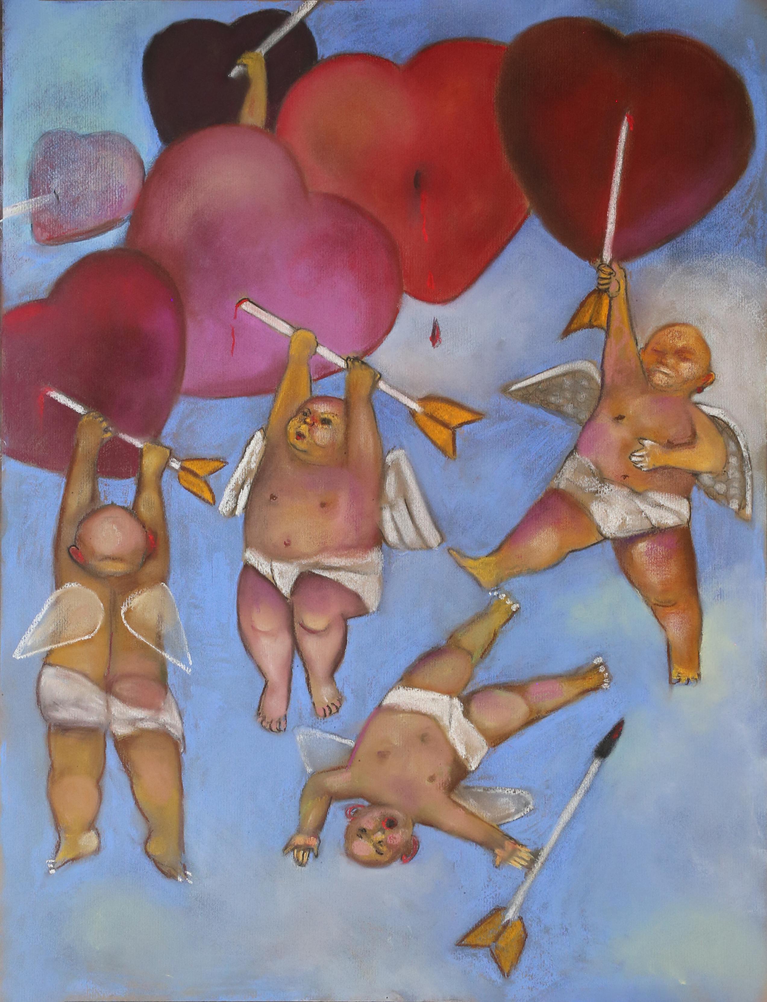 Wing Malfunction  blue sky clouds hearts arrows cherubs in peril love humor  - Art by Stephen Basso