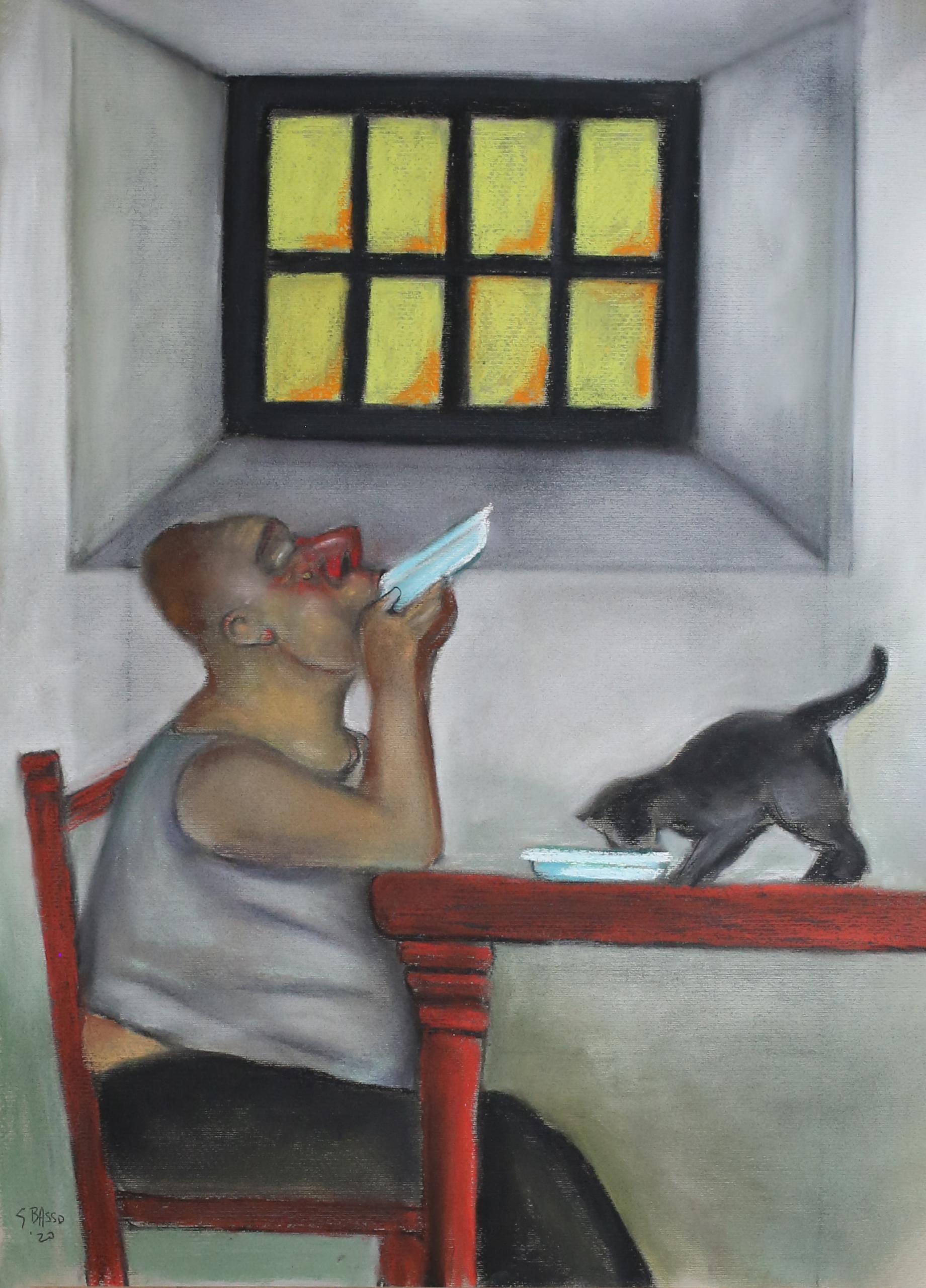 Isolation Blues  contemporary social realism dark humor topical art man cat - Art by Stephen Basso