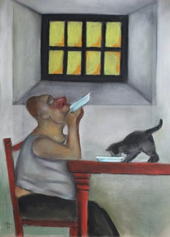Isolation Blues  contemporary social realism dark humor topical art man cat