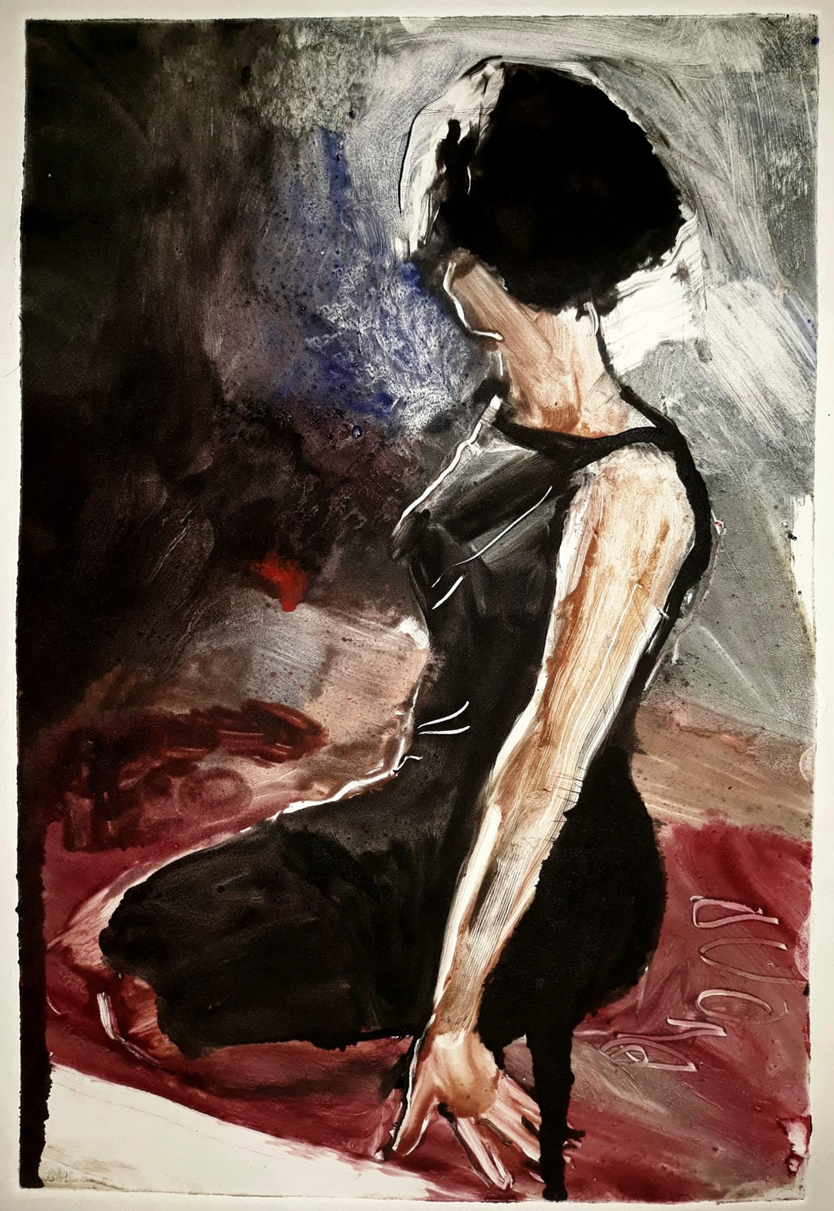Fruitless, figure, woman in black dress, sexy fashionable black red grey