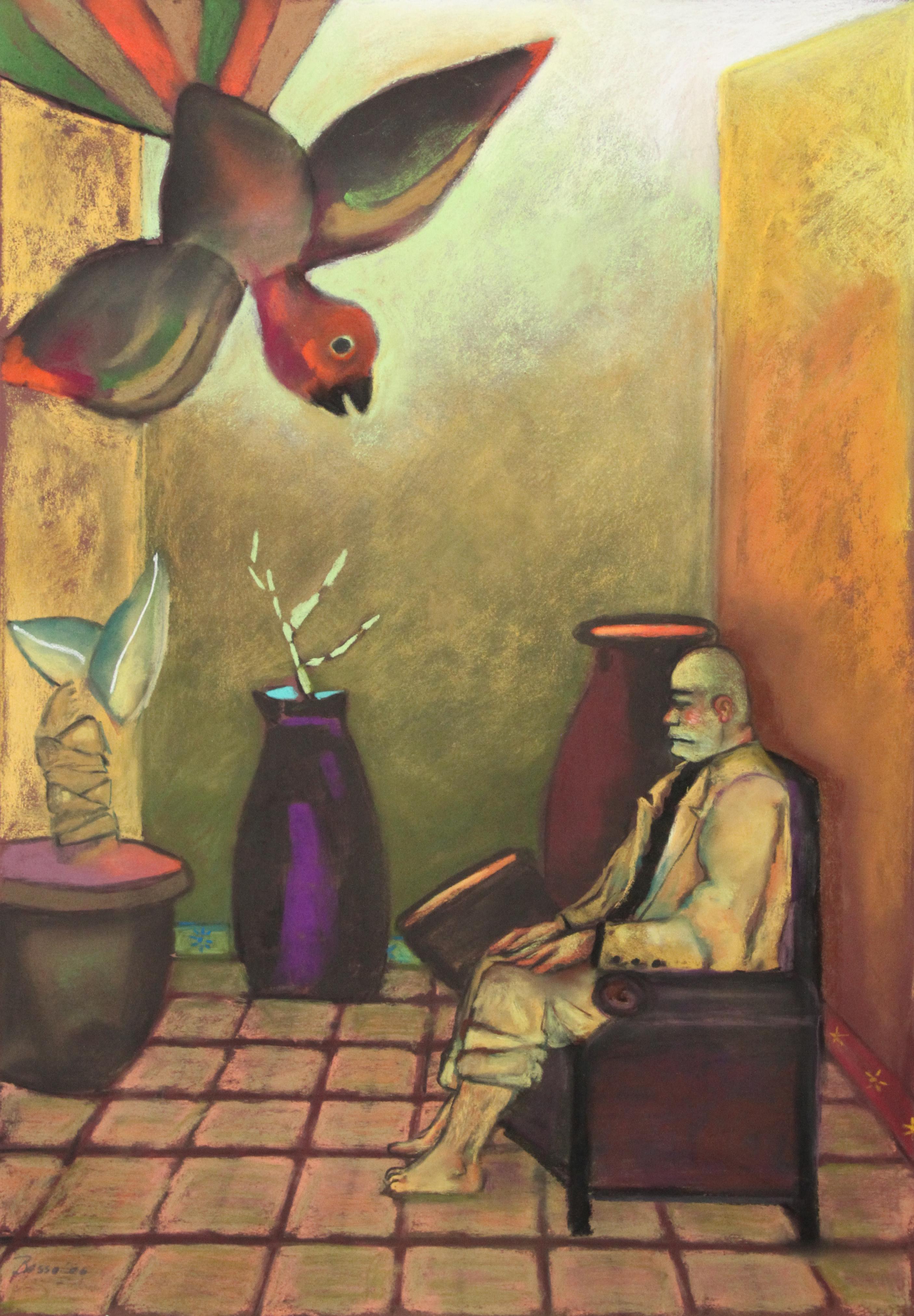 Stephen Basso Interior Art - Visitation man, bird,  spiritual theme warm colors interior space