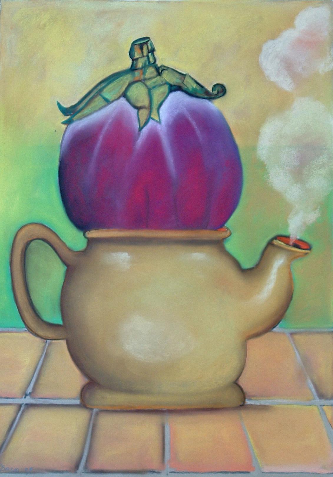 Steamed Eggplant  still life with sicilian eggplant and mustard color kettle - Art by Stephen Basso