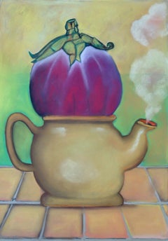 Steamed Eggplant  still life with sicilian eggplant and mustard color kettle