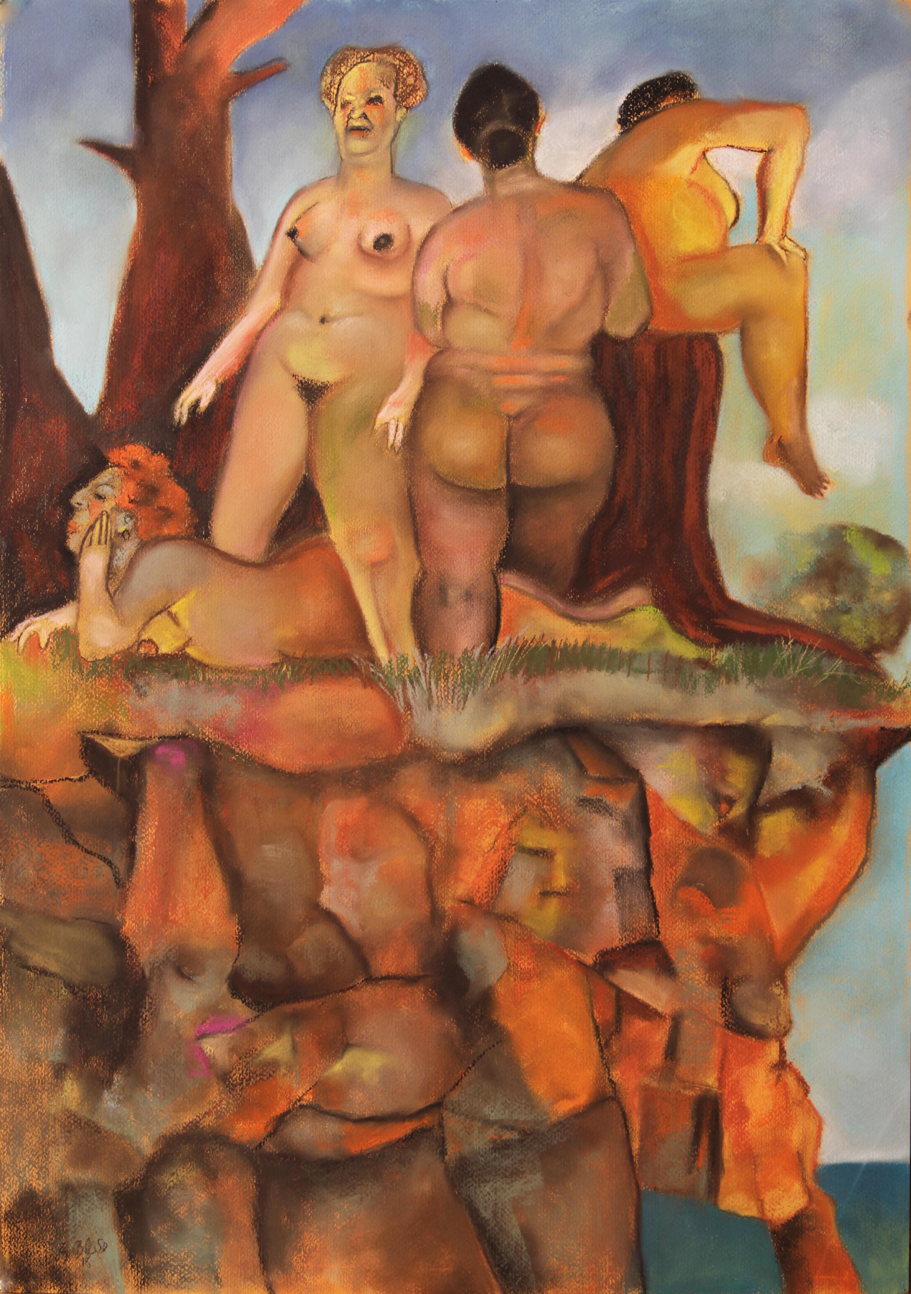 Cliffhanger-Nussbaum  female nude grouping nudes in warmen Farben der Natur 