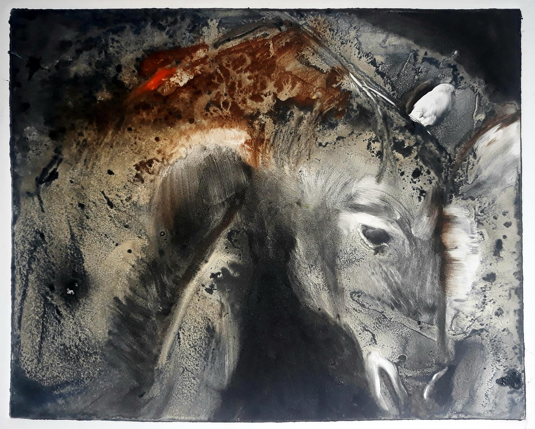 Chincoteague 1, horse monotype, black and white w some earth tones - Art by Tom Bennett