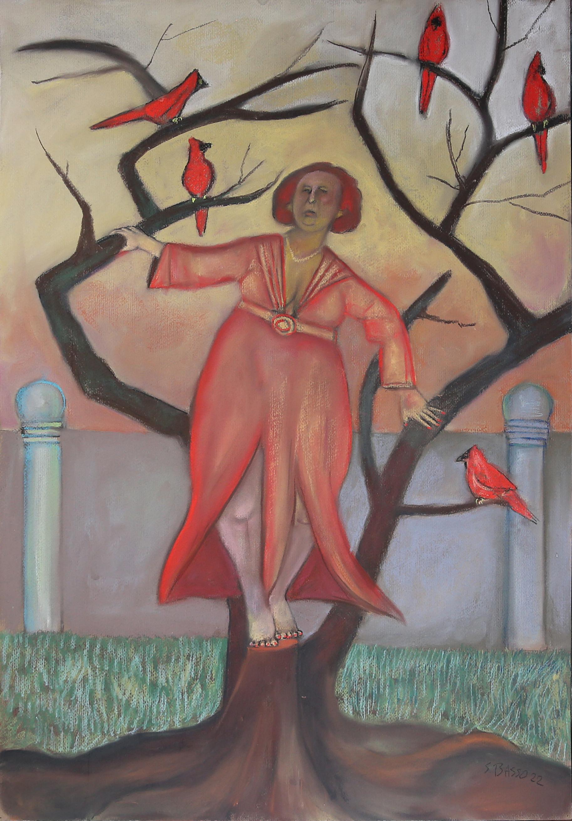 Stephen Basso Figurative Art - Cardinal Rule surreal mythological narrative birds tree autumn color humor
