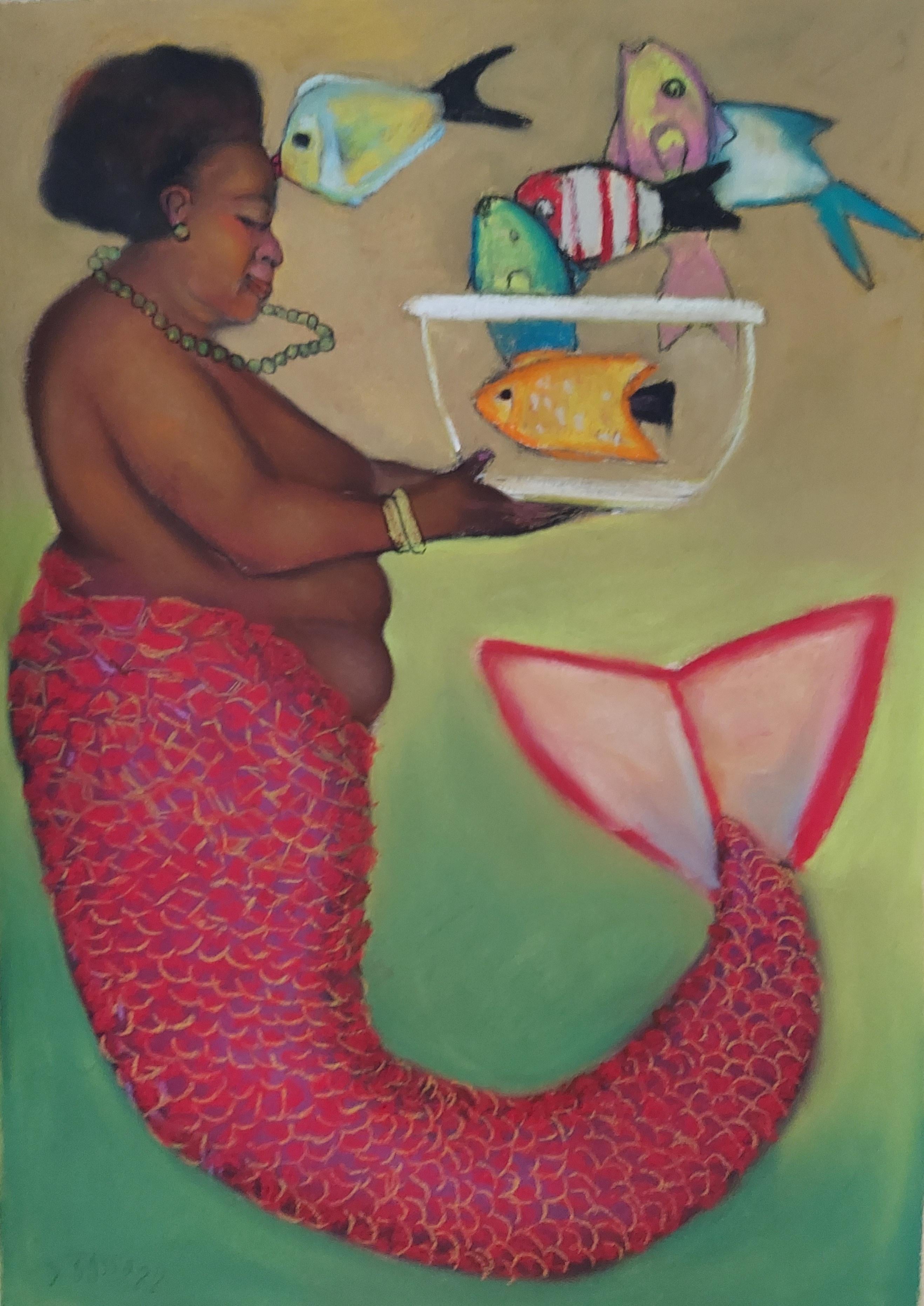Stephen Basso Figurative Art – Karibische Meerjungfrau  Mythisches Motiv mit Meerjungfrauen- und Engelfisch in weicher tropischer Farbe