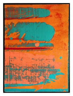 Sundown on Gowanus, abstract painting, bold orange and turquoise colors, 