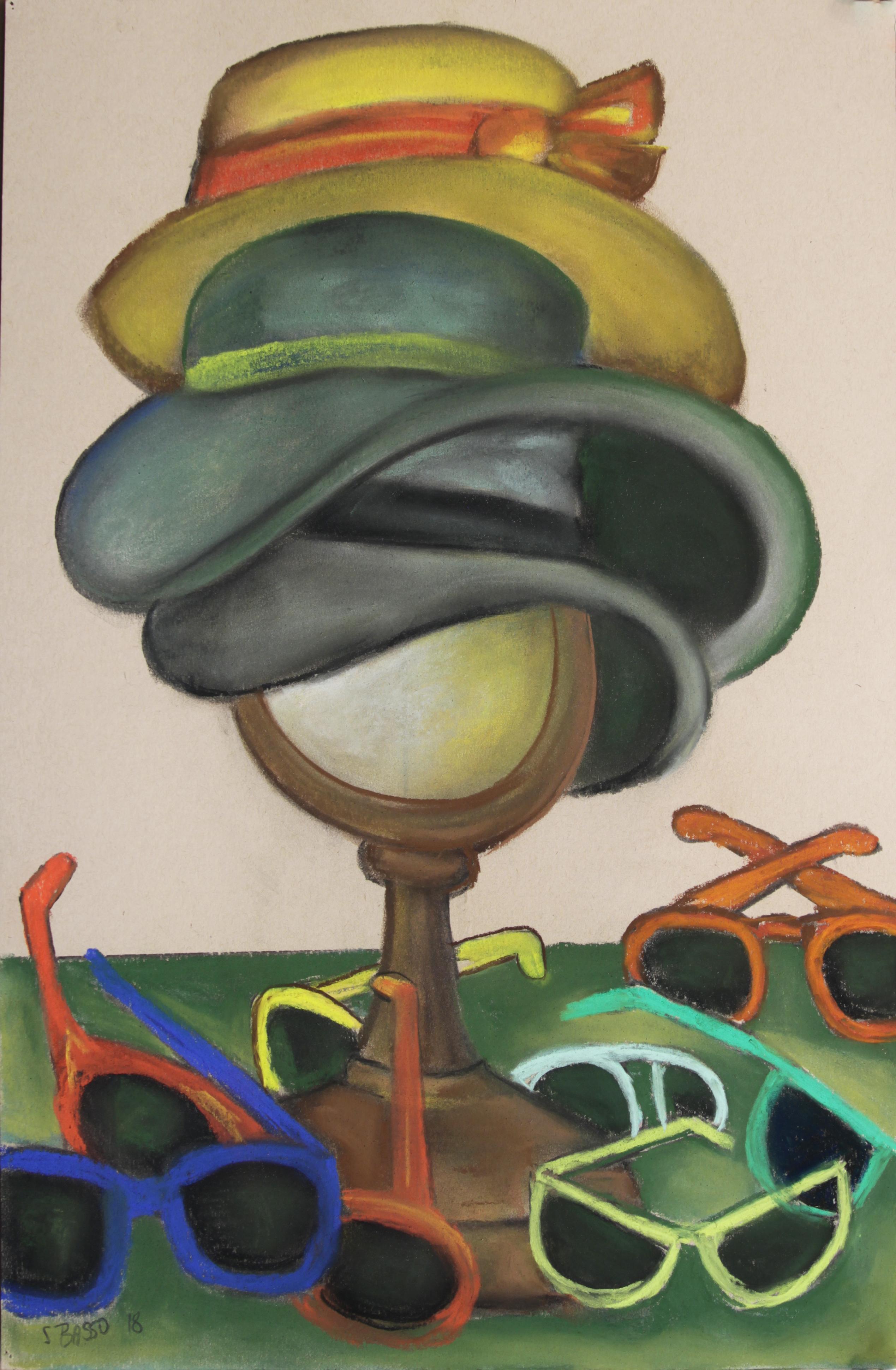 Tower of Glamour fanciful still life hats mirror and colorful sunglasses