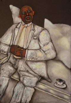 Figure in White. Seated while suited male Figure on couch black and white tones