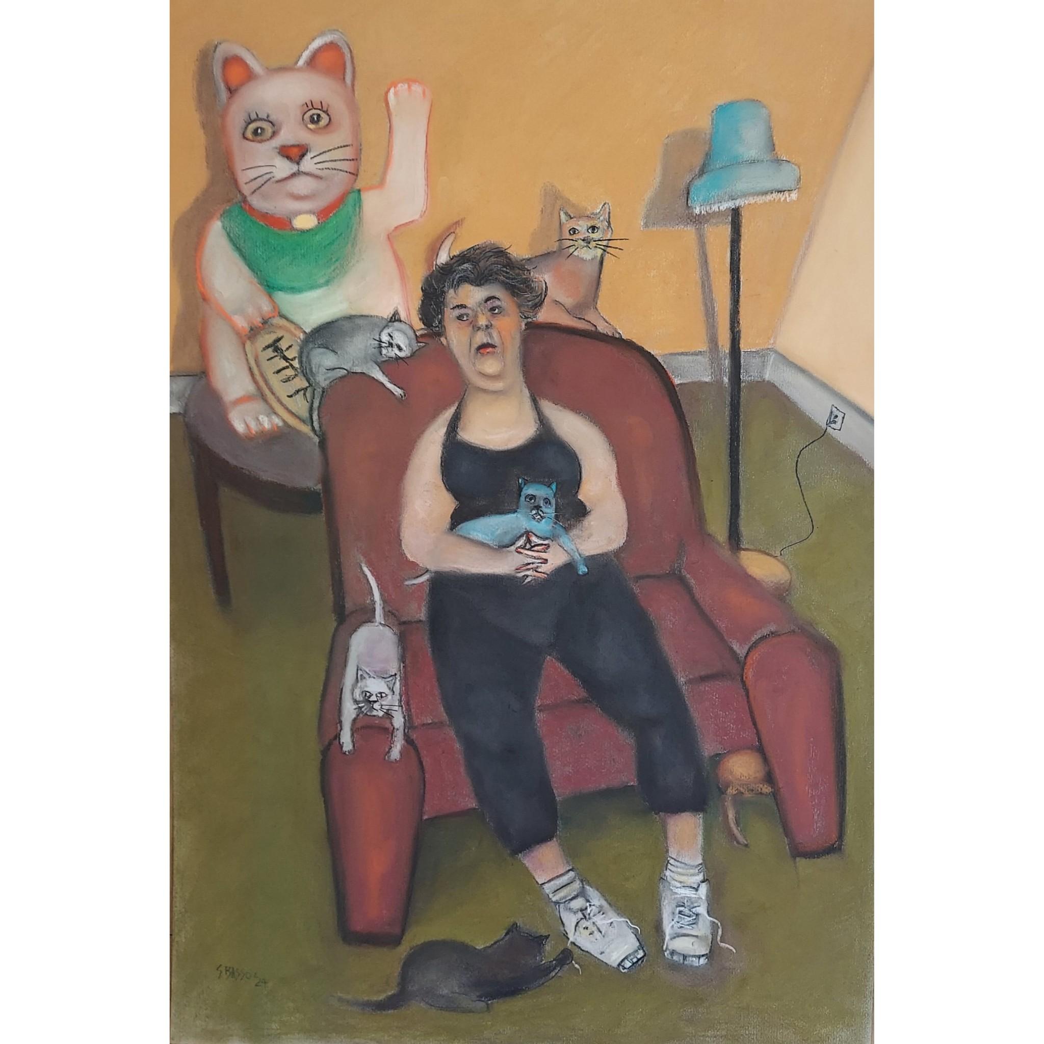 Lucky Cat Lady colorful seated woman w six live kittens and chinese lucky cat