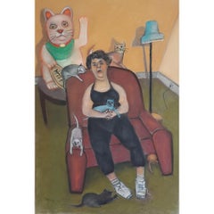 Lucky Cat Lady colorful seated woman w six live kittens and chinese lucky cat